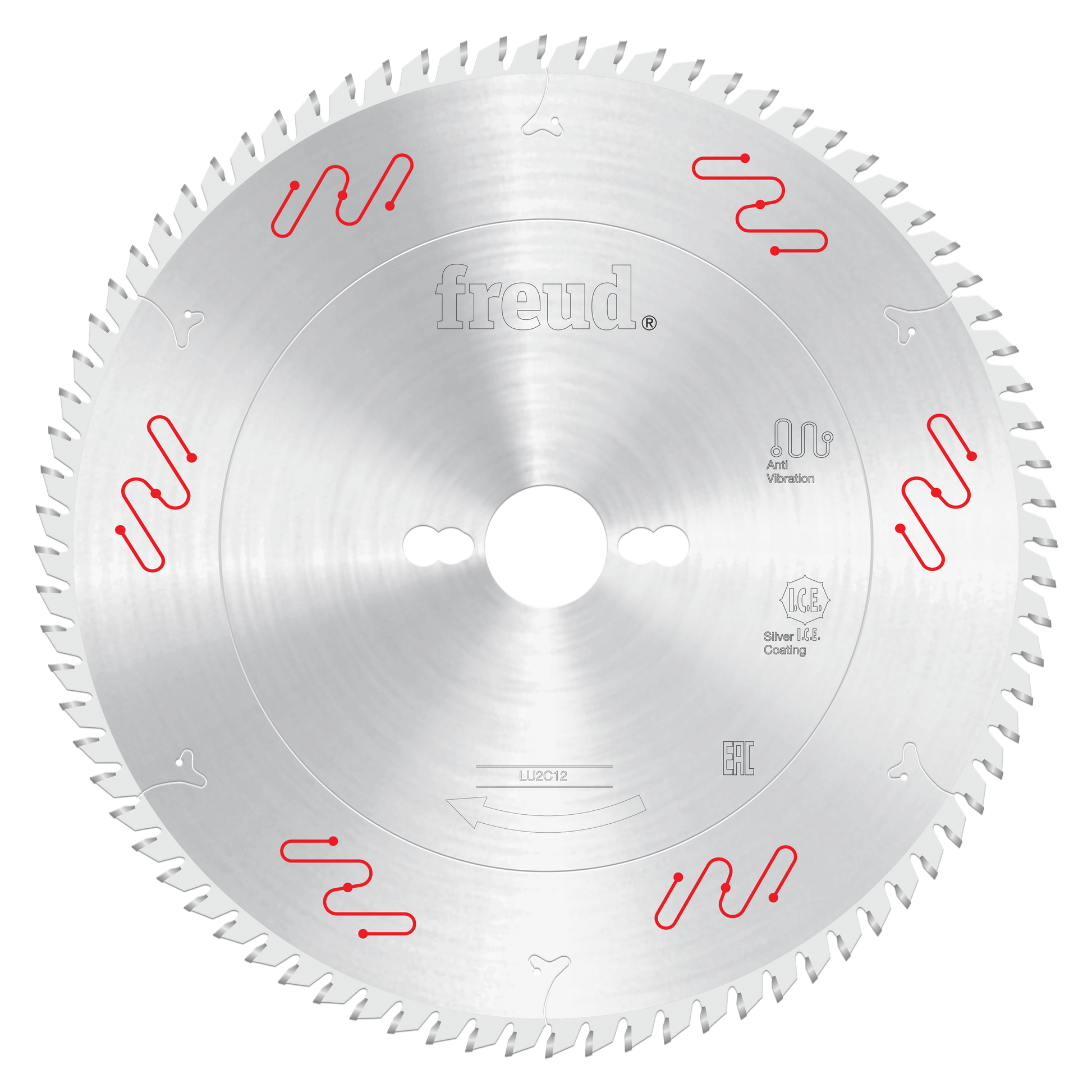 Circular saw blade with silver carbide-tipped teeth around perimeter, central arbor hole, and red markings on face.