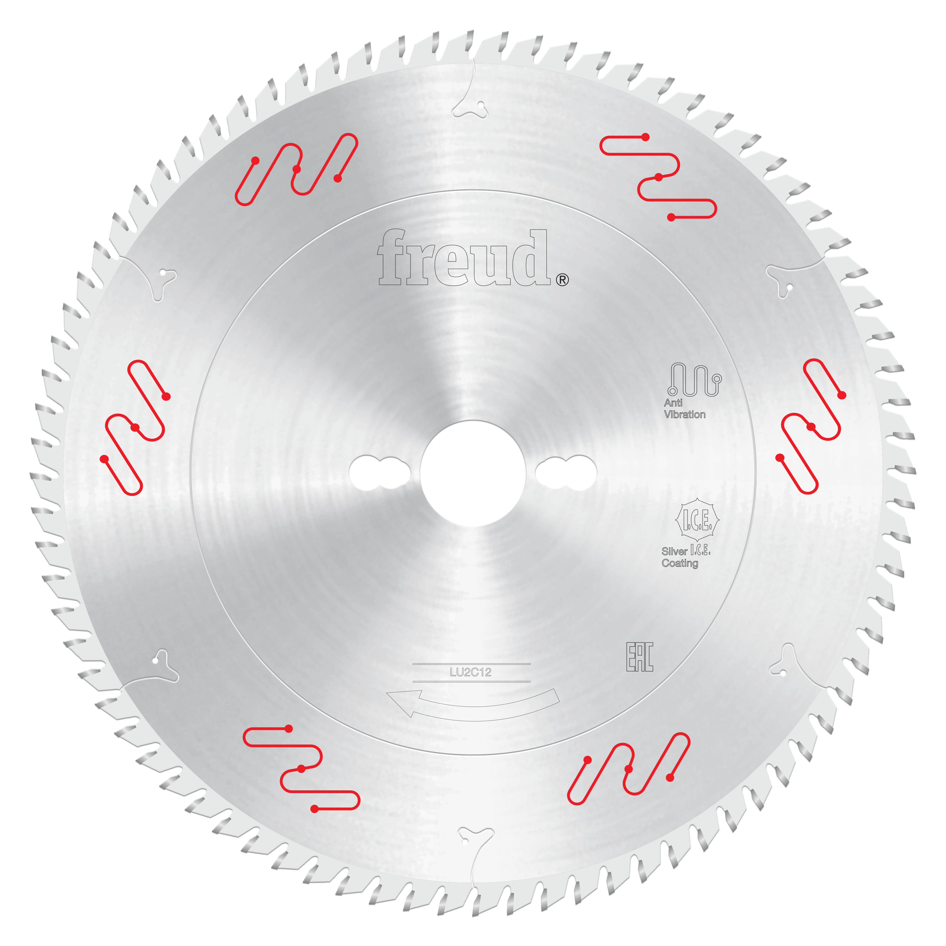 Circular saw blade with silver carbide-tipped teeth around perimeter, central arbor hole, and red markings on face.