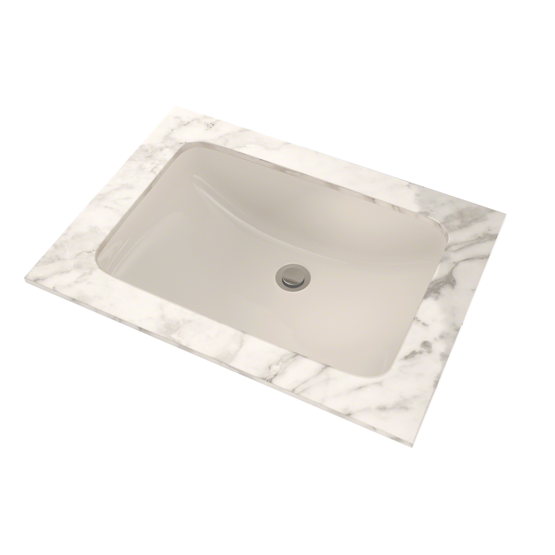 Sedona beige rectangular undermount sink with rounded corners and single drain hole, shown from above on white marble counter