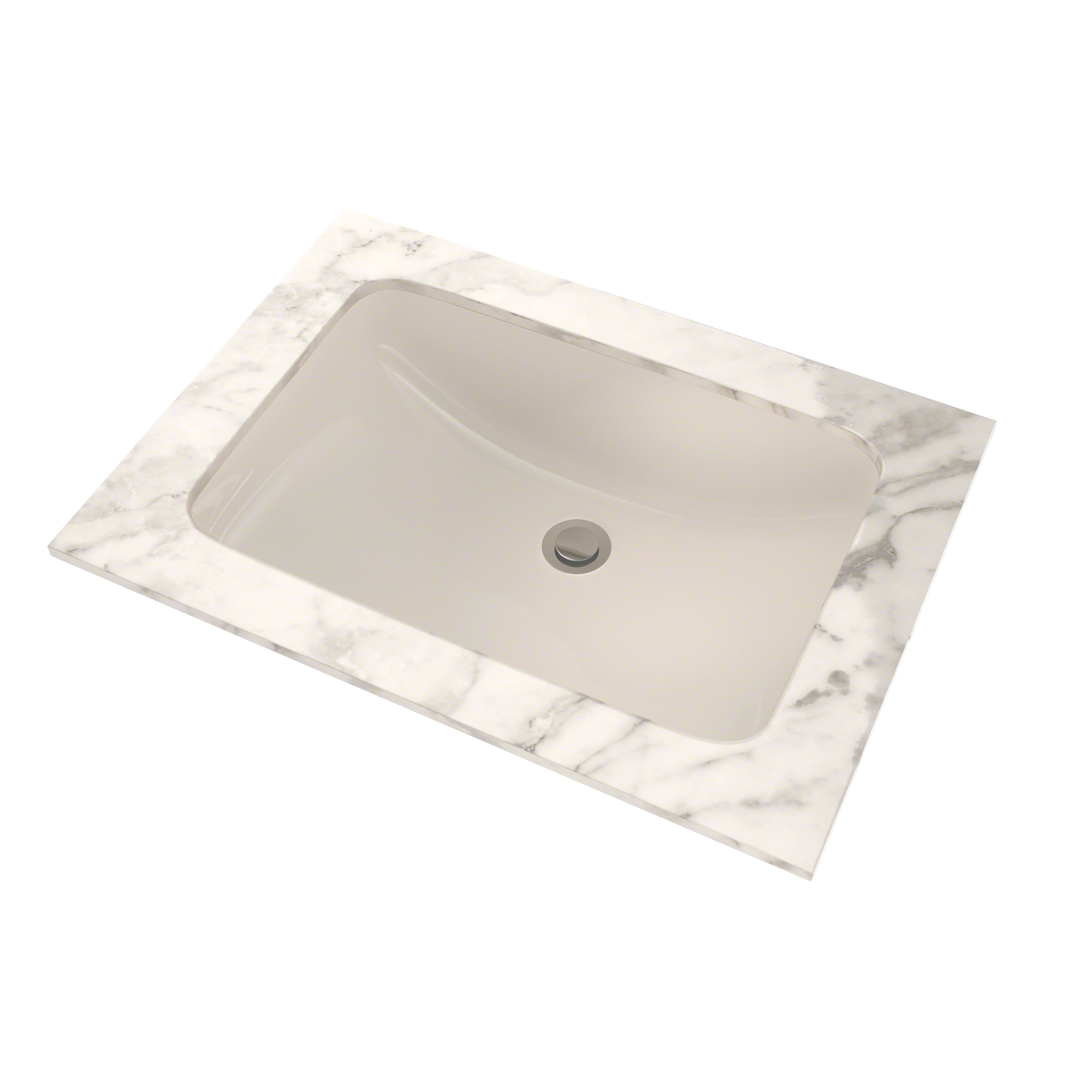 Sedona beige rectangular undermount sink with rounded corners and single drain hole, shown from above on white marble counter