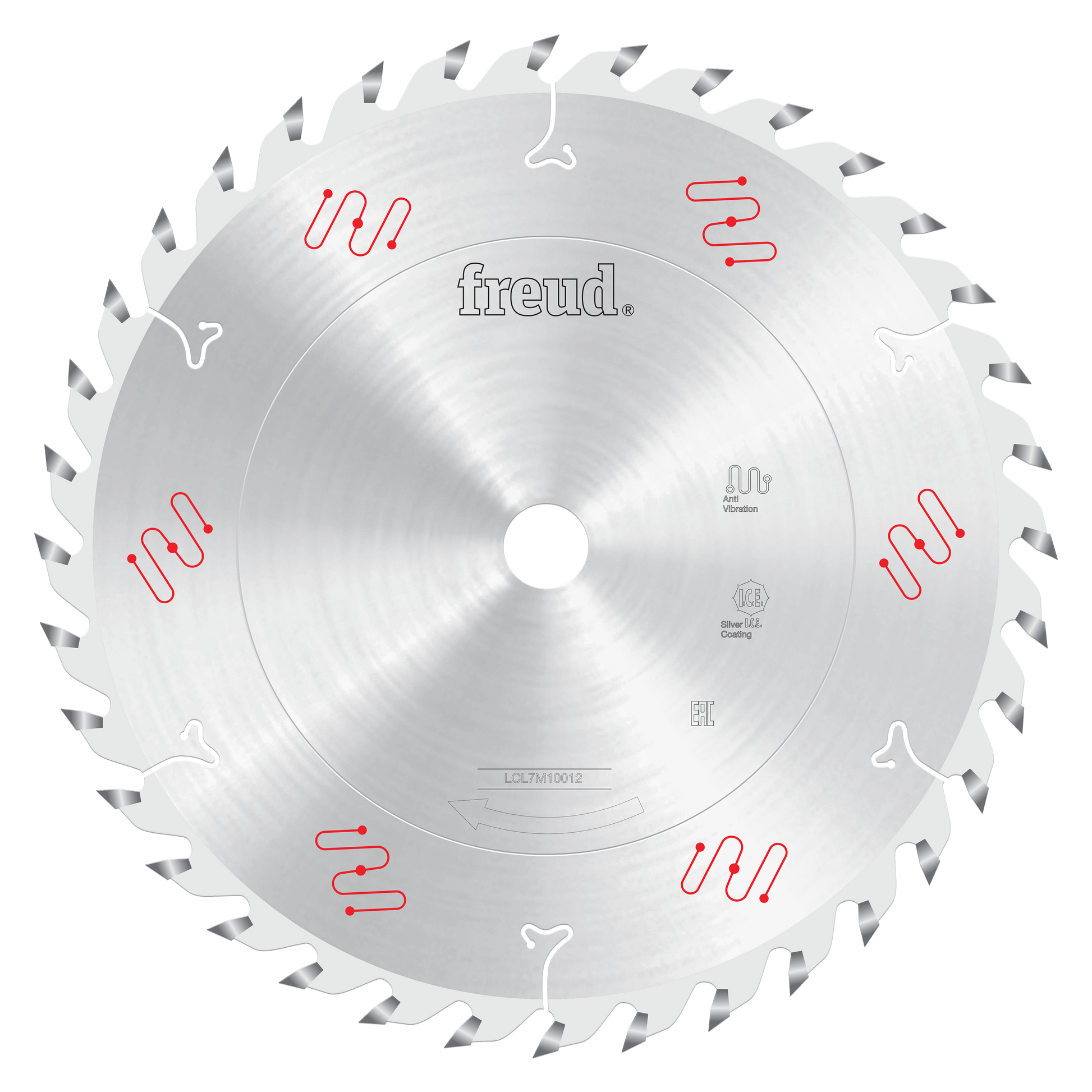 Silver circular saw blade with gray teeth around the perimeter and Freud branding in the center.