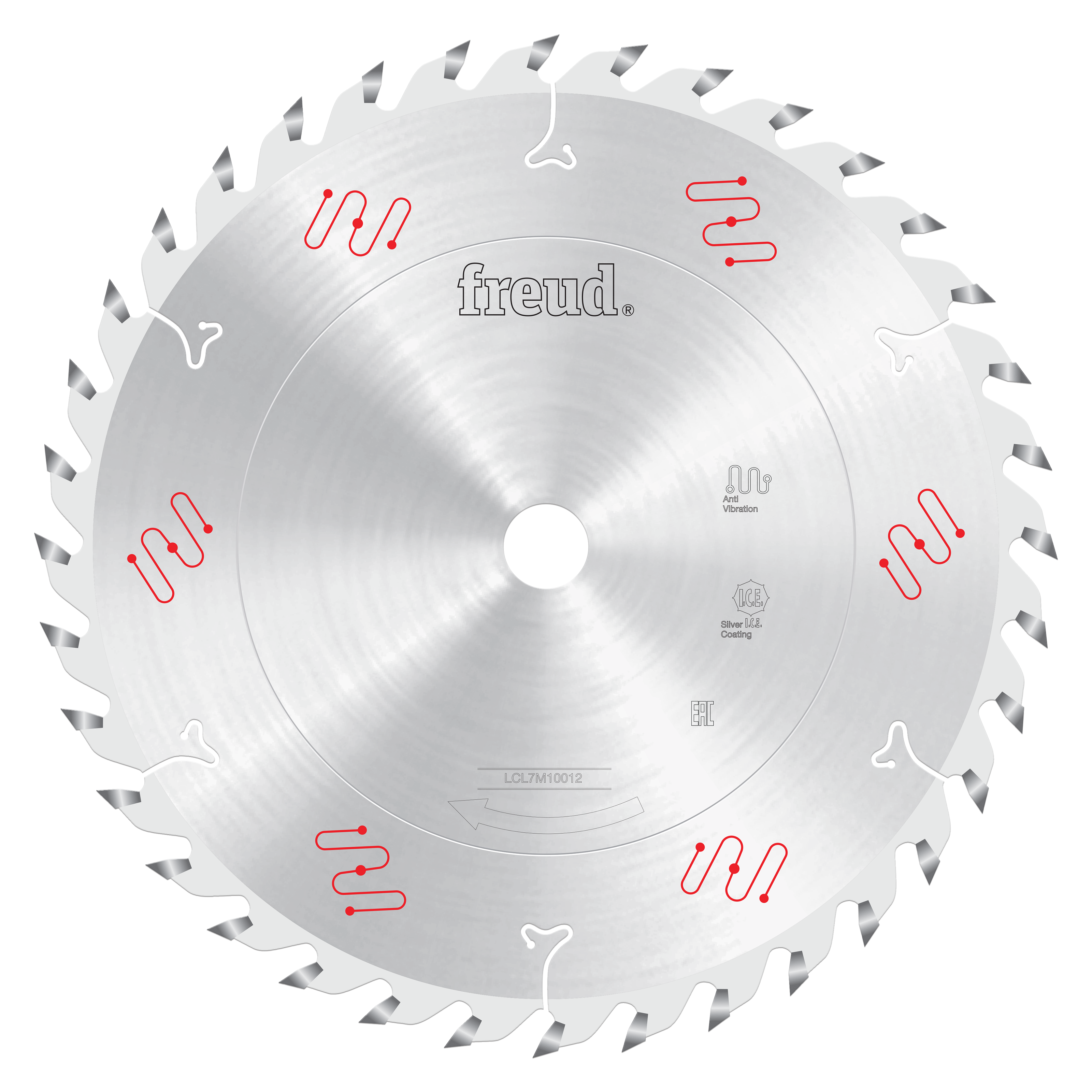 Silver circular saw blade with gray teeth around the perimeter and Freud branding in the center.