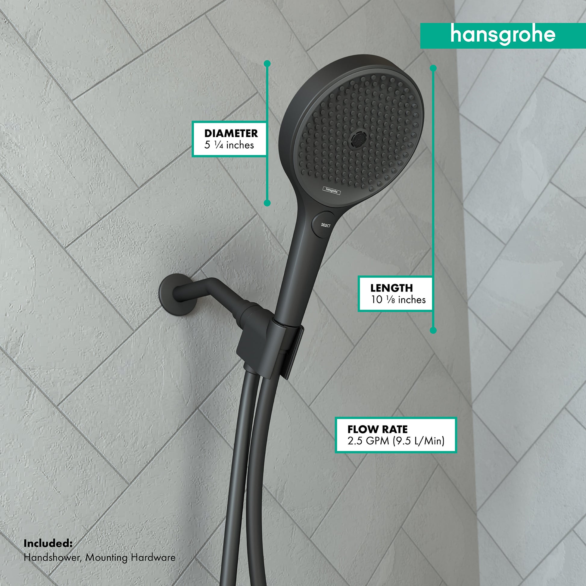 Matte black handheld showerhead with 5.25-inch diameter head and 10.5-inch handle, mounted on tiled wall.