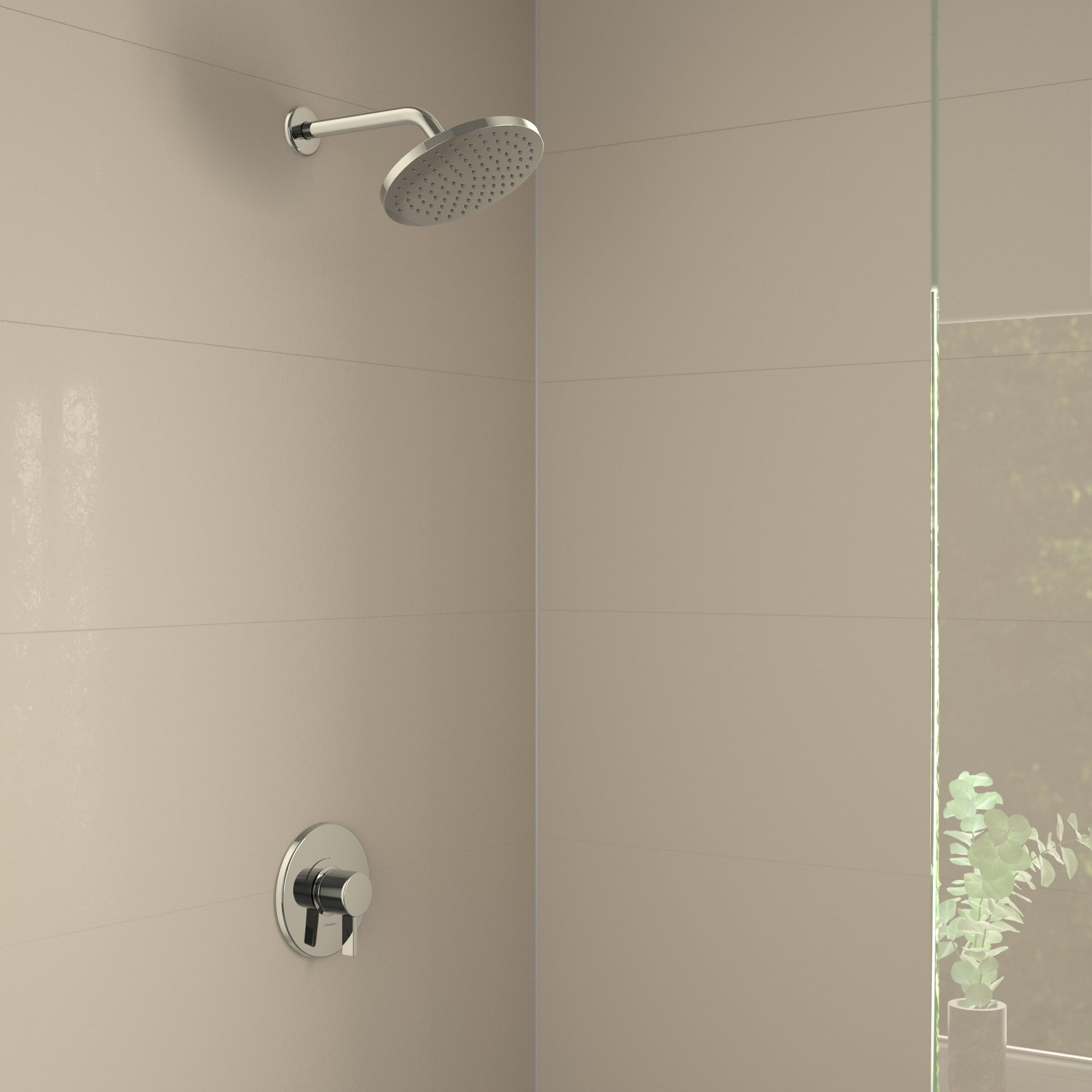 Chrome shower set with round overhead showerhead, curved arm, and wall-mounted pressure balance valve control.