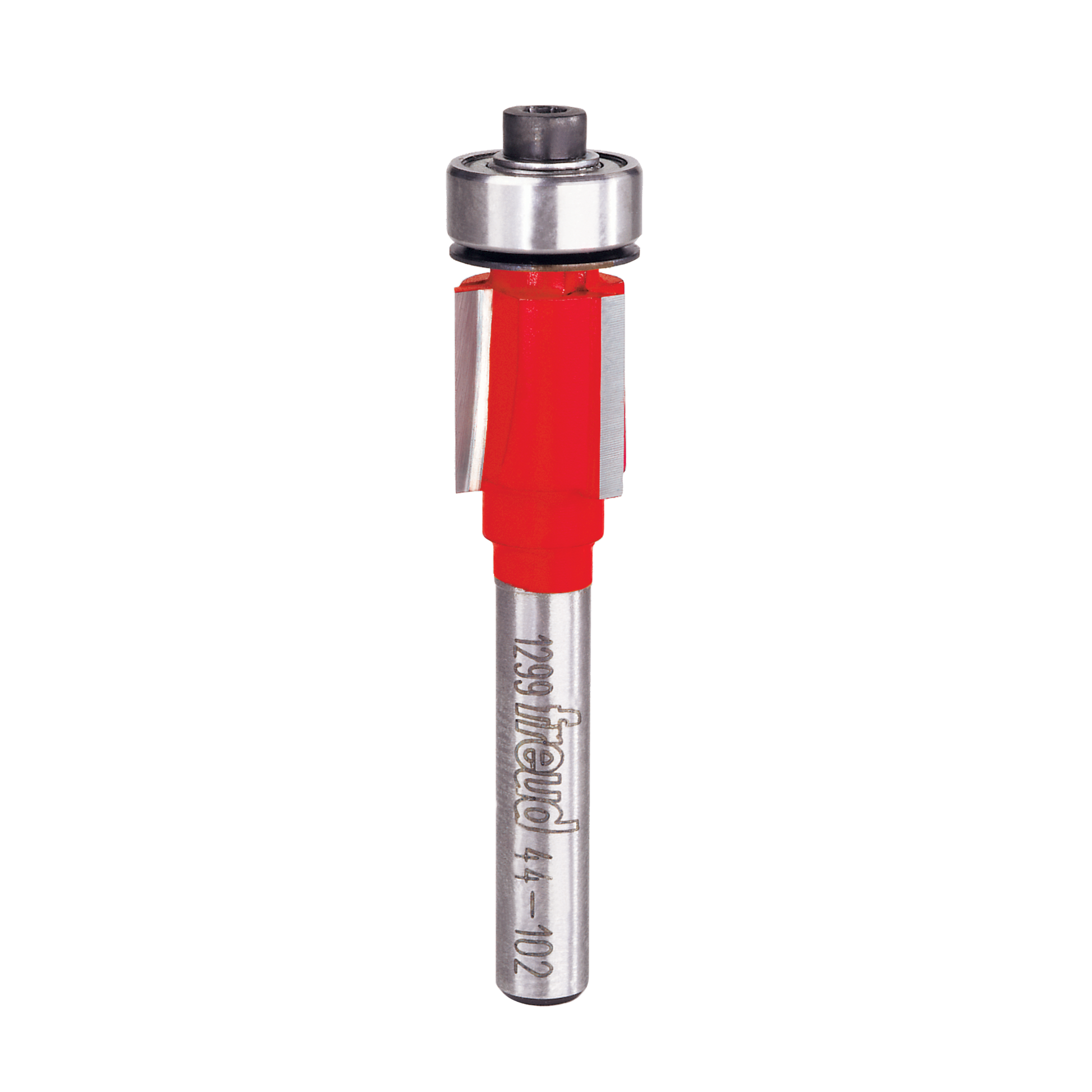 Freud bearing flush trim bit with red plastic body and stainless steel top bearing, mounted on metal shaft.
