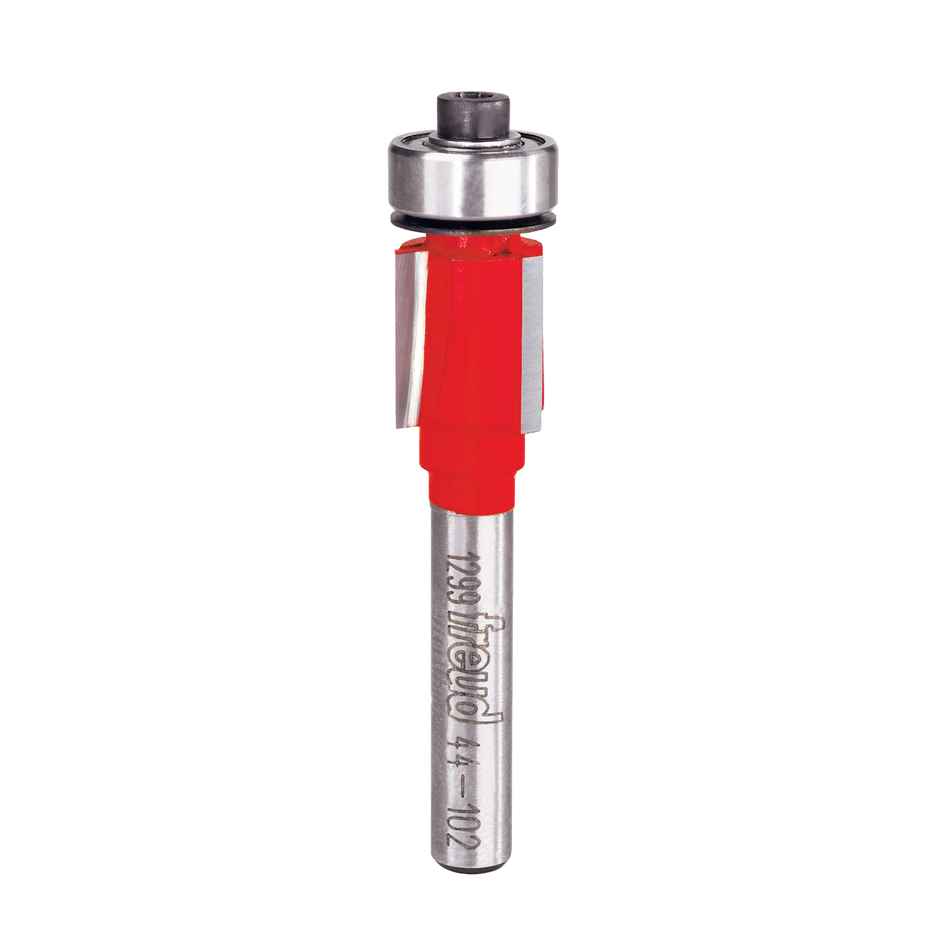 Freud bearing flush trim bit with red plastic body and stainless steel top bearing, mounted on metal shaft.