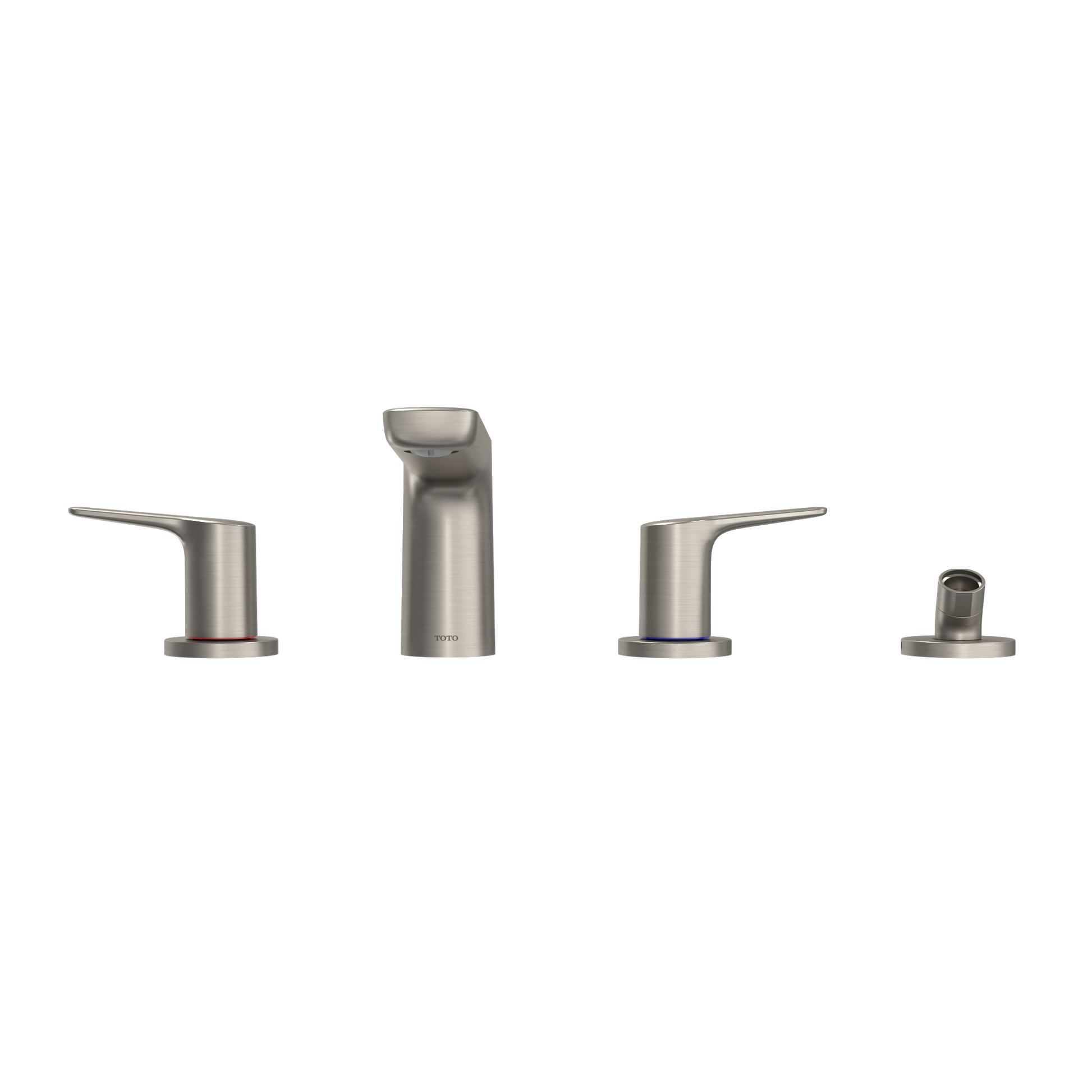 Brushed nickel four-piece roman tub filler trim set with two lever handles, tall spout, and handheld shower attachment.