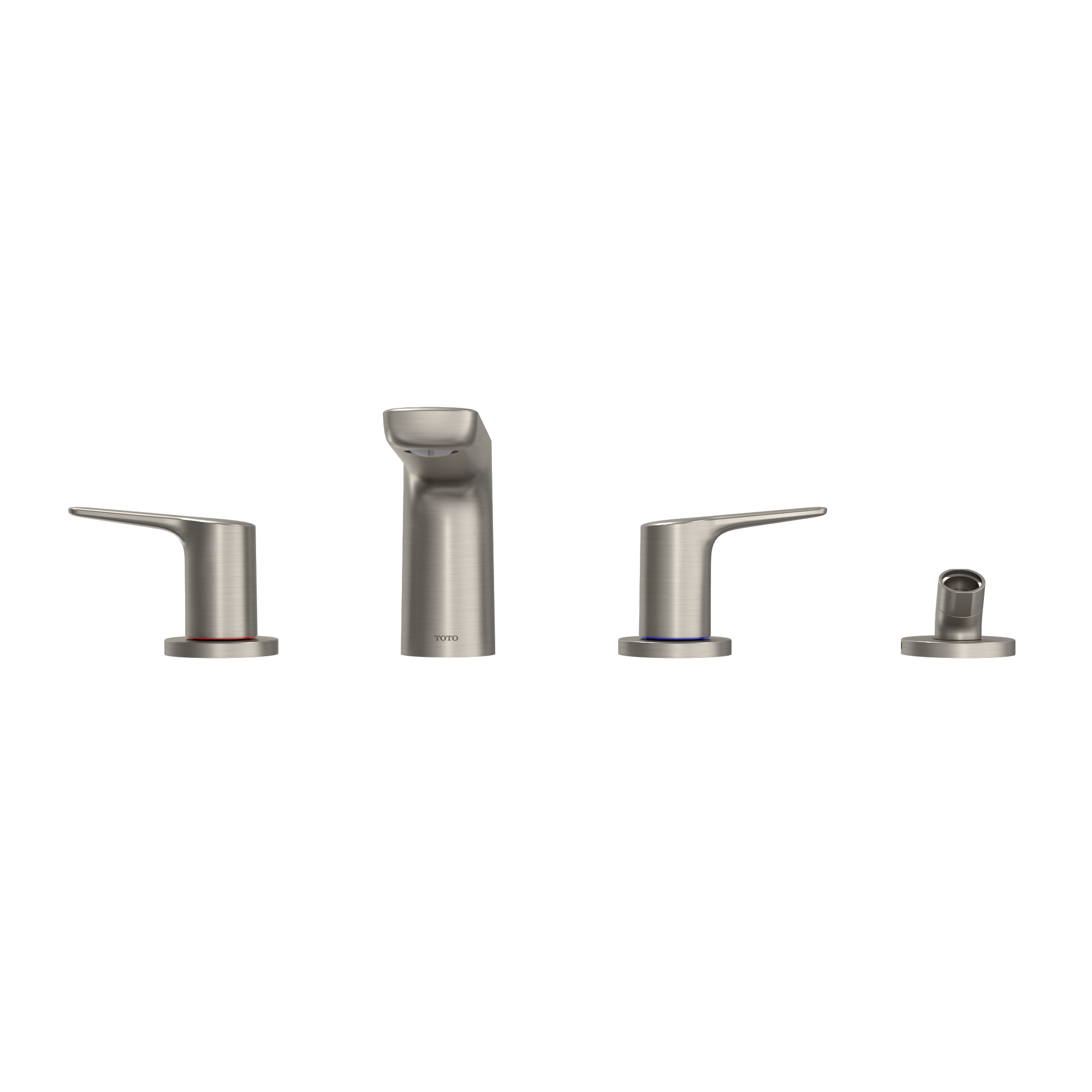 Brushed nickel four-piece roman tub filler trim set with two lever handles, tall spout, and handheld shower attachment.