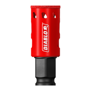 Red Diablo diamond grit hole saw with 1 inch diameter, featuring textured grip band and black hex socket attachment.