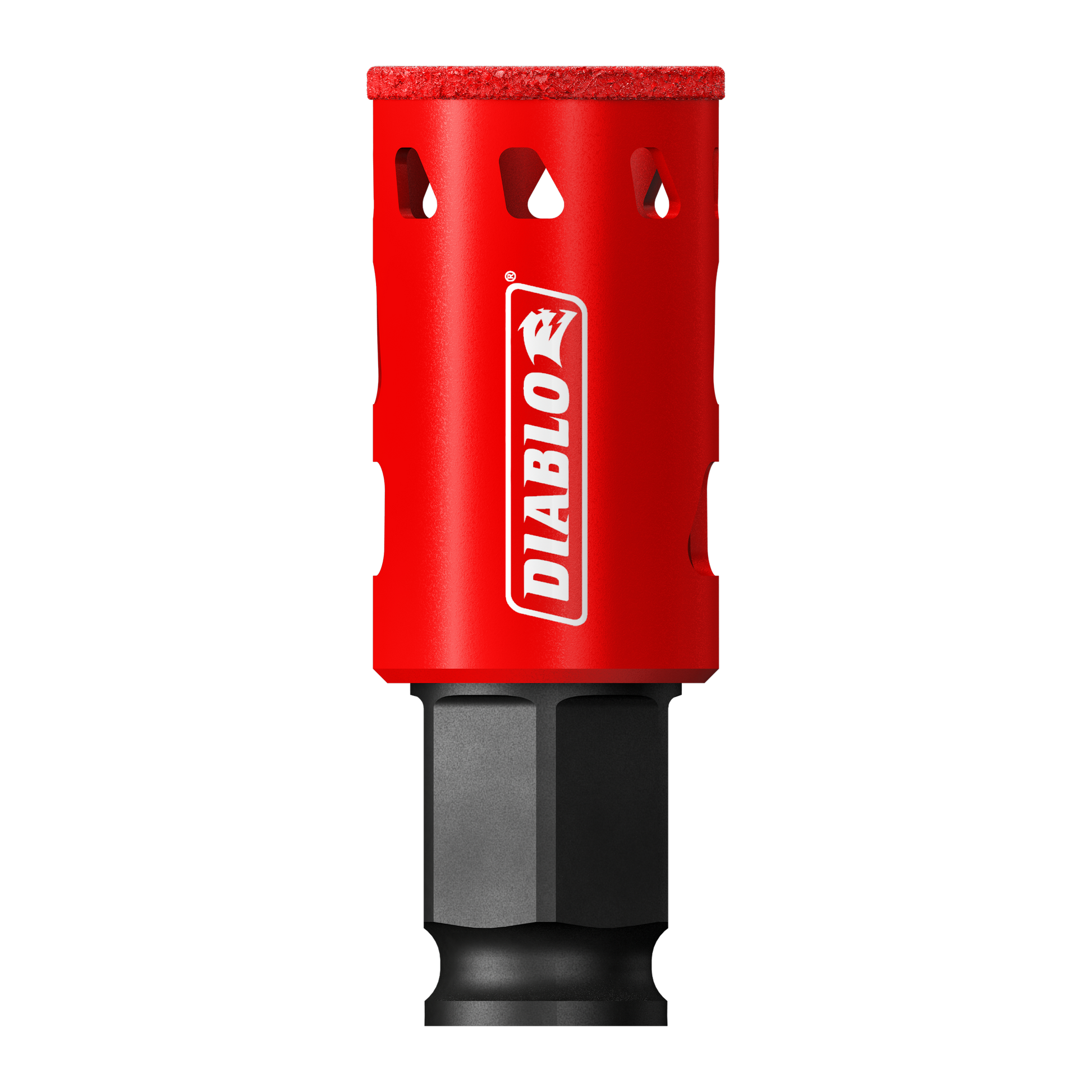 Red Diablo diamond grit hole saw with 1 inch diameter, featuring textured grip band and black hex socket attachment.