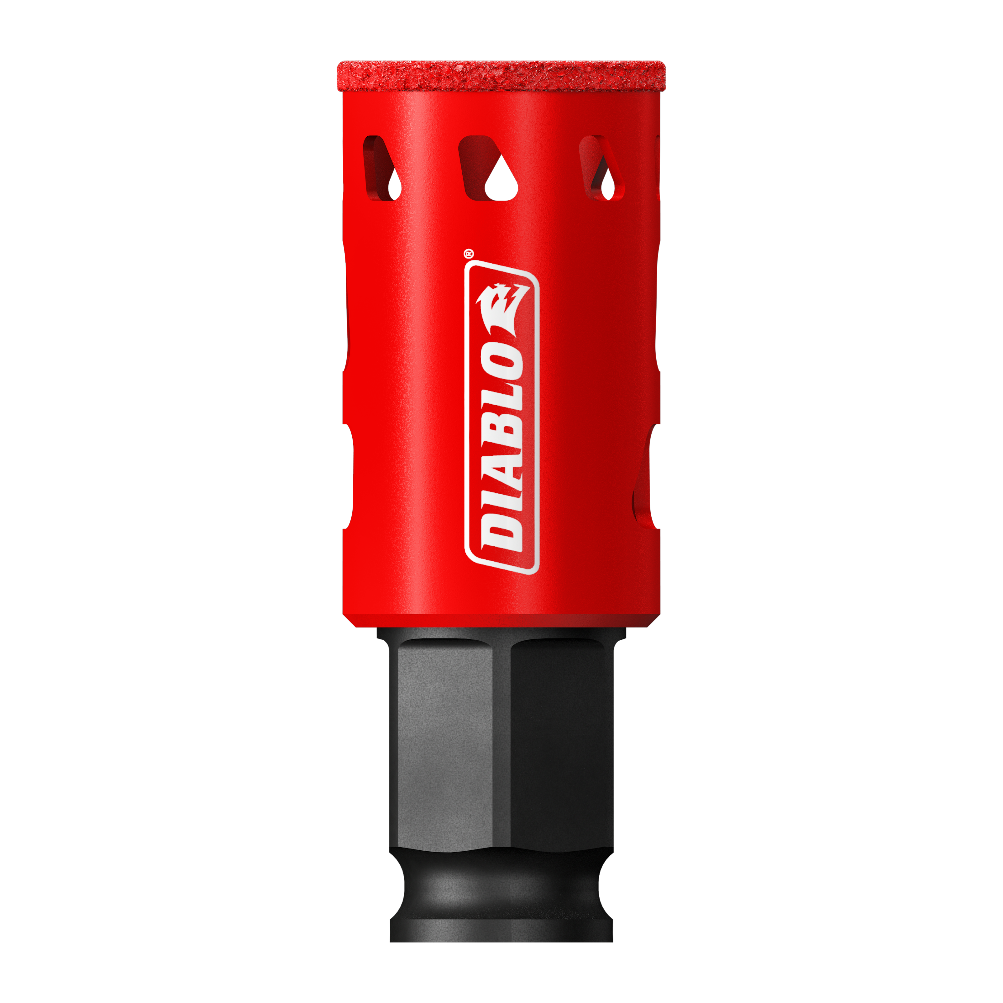 Red Diablo diamond grit hole saw with 1 inch diameter, featuring textured grip band and black hex socket attachment.
