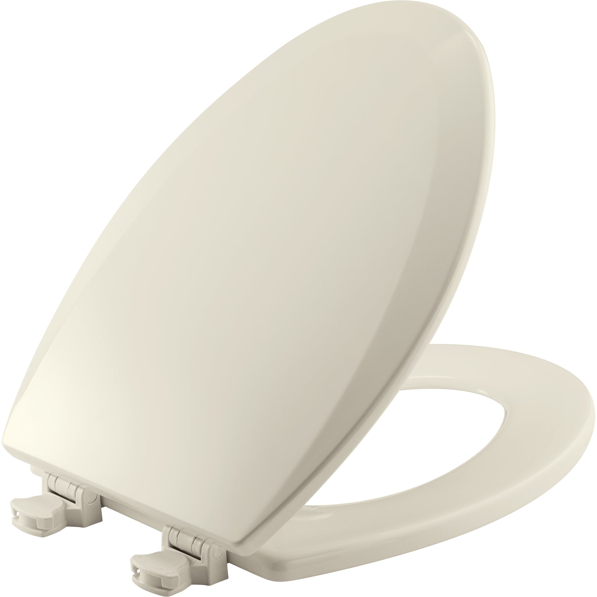 Elongated biscuit-colored enameled wood toilet seat with dual hinges and handle cutout.