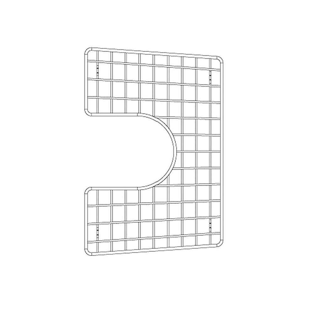 Stainless steel sink grid with rectangular shape and rounded corners, featuring square mesh pattern and curved cutout on one 