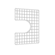 Stainless steel sink grid with rectangular shape and rounded corners, featuring square mesh pattern and curved cutout on one 