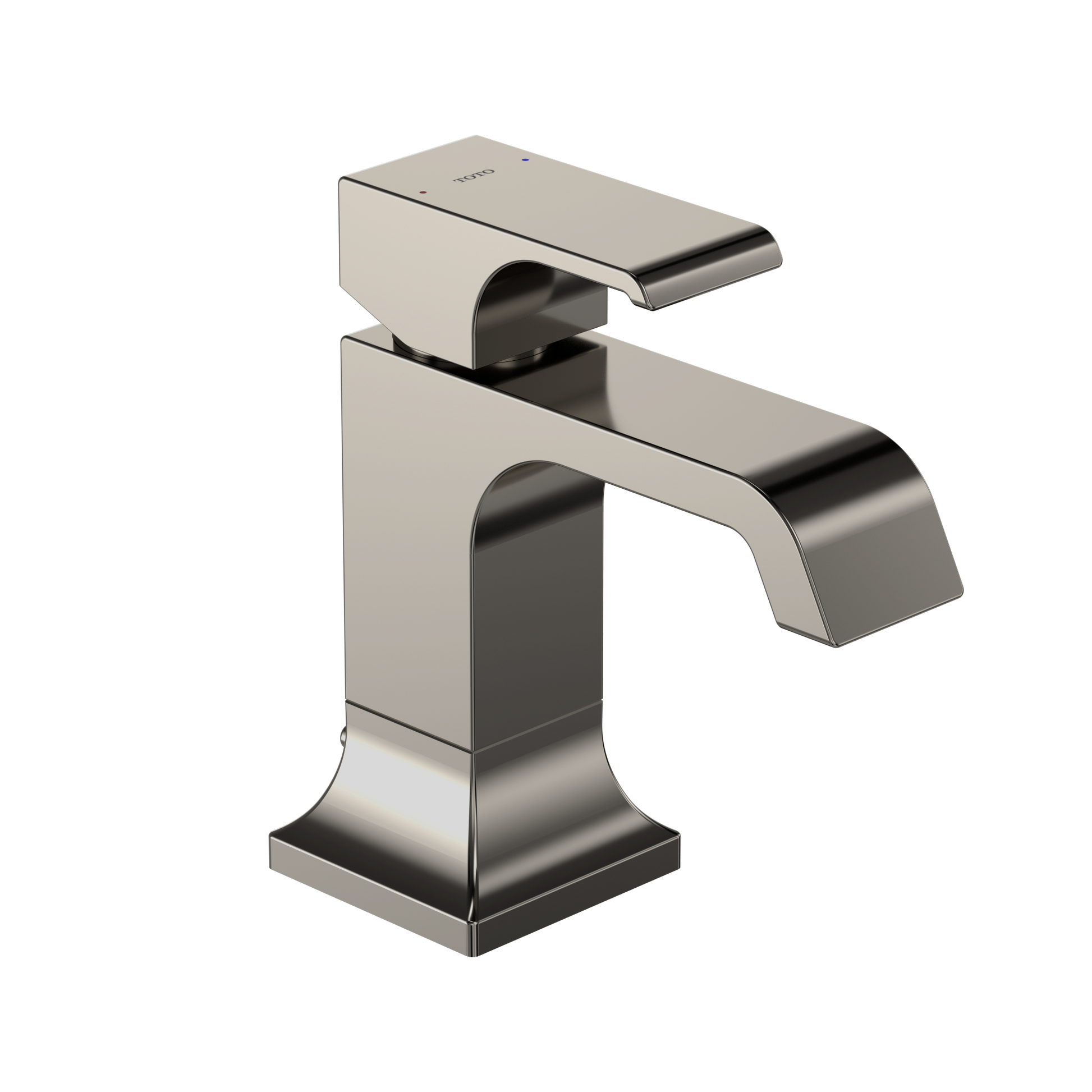 Polished nickel single-handle bathroom sink faucet with curved spout and rectangular base.