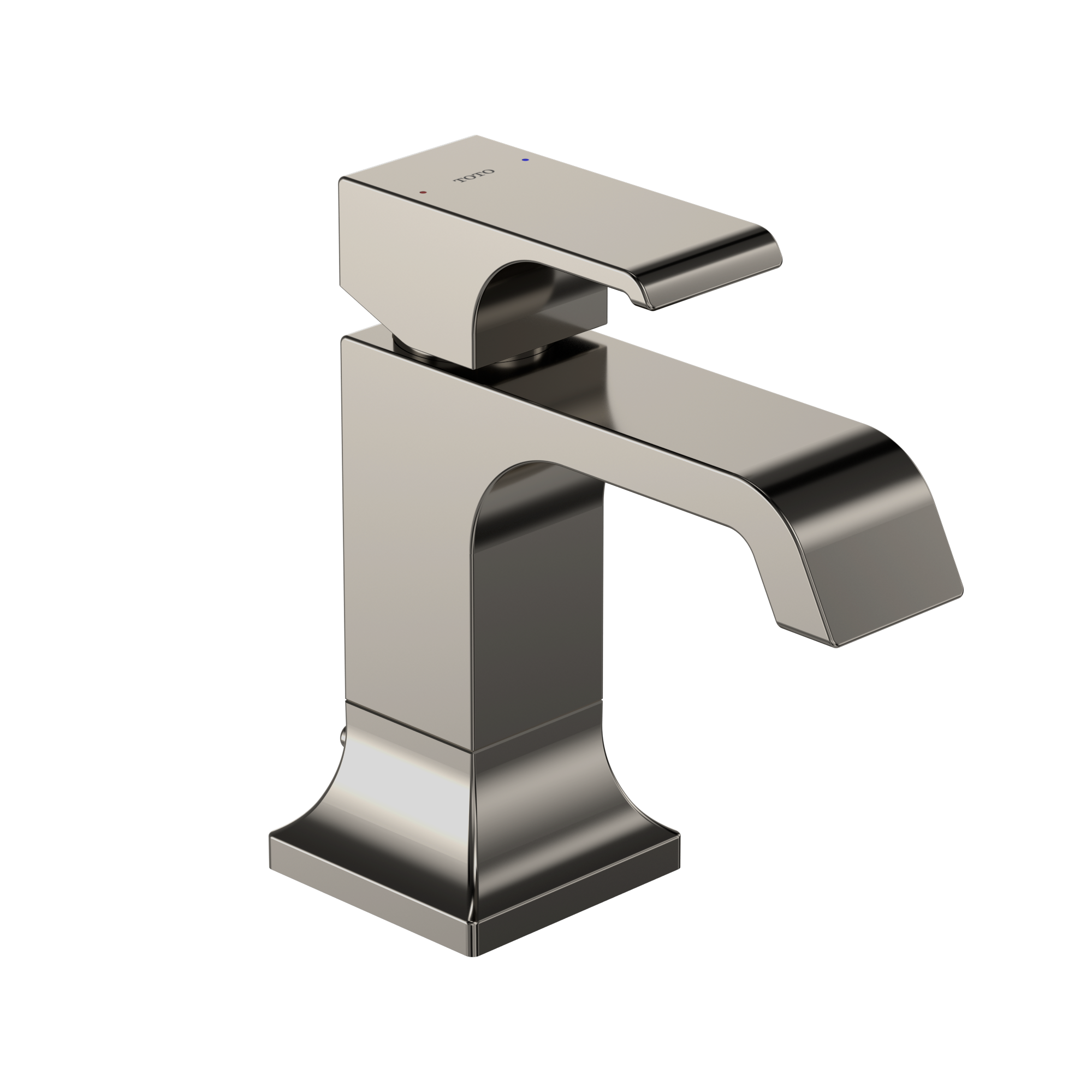 Polished nickel single-handle bathroom sink faucet with curved spout and rectangular base.