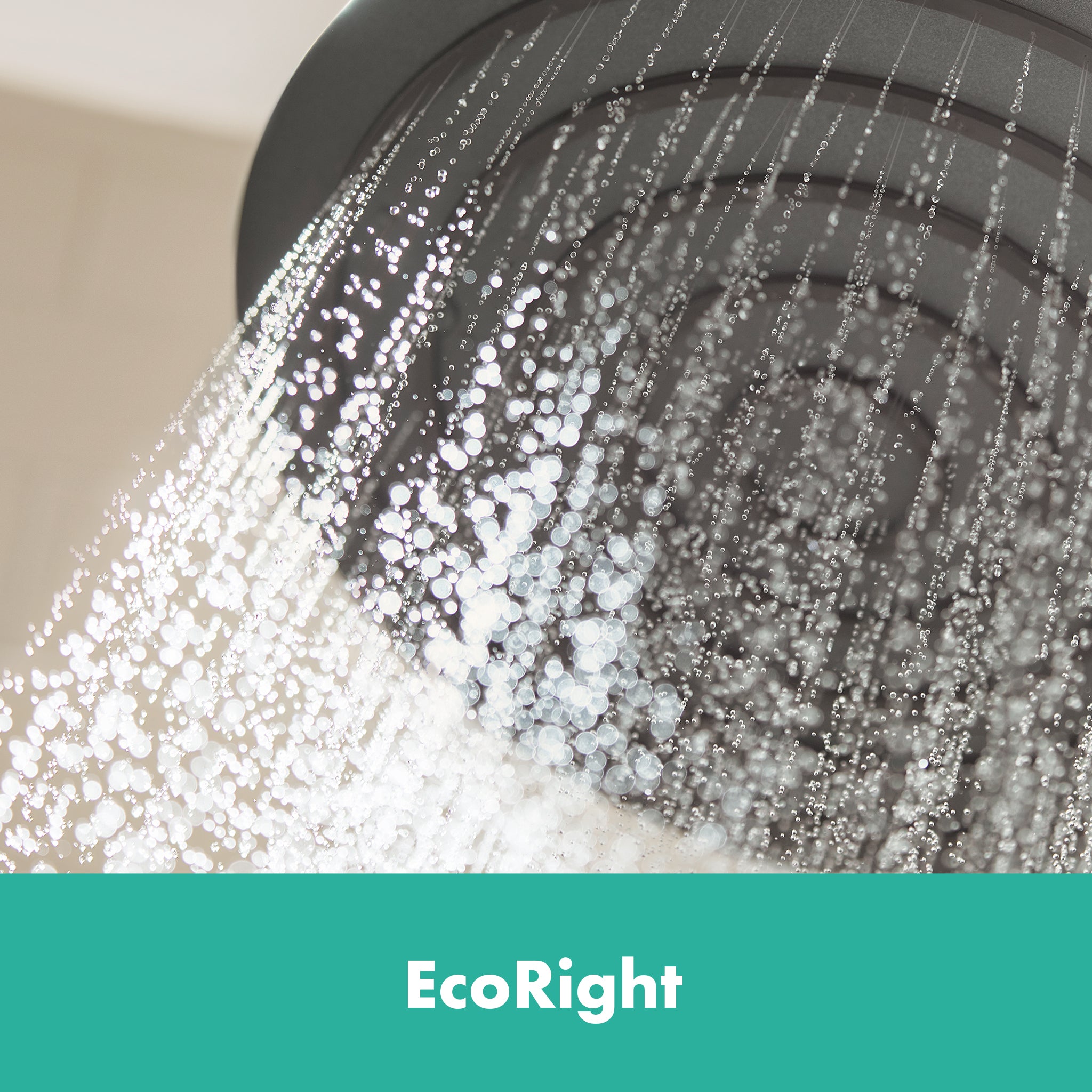 Brushed nickel circular shower head with multiple water jets streaming downward.