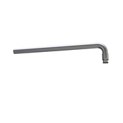 Brushed nickel wall-mounted shower arm with right-angle bend and connection port at end.