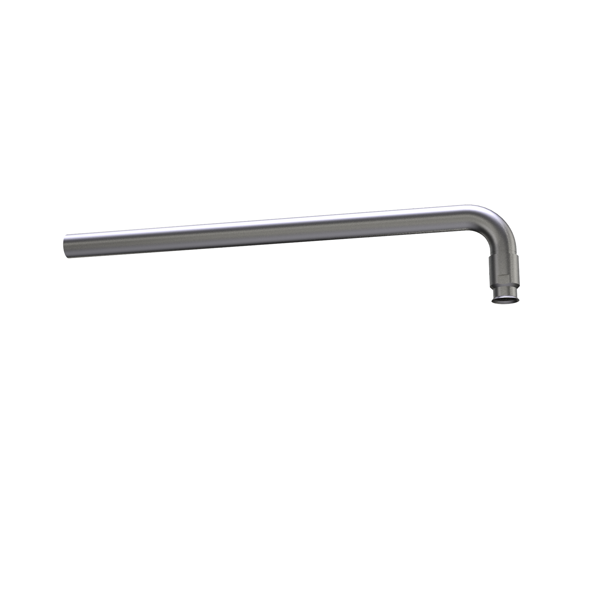 Brushed nickel wall-mounted shower arm with right-angle bend and connection port at end.