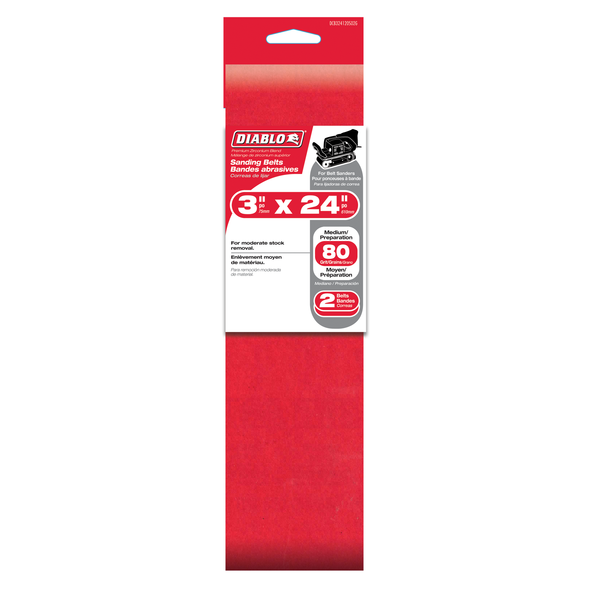 Two red Diablo 3" x 24" sanding belts with 80 grit rating in original packaging.