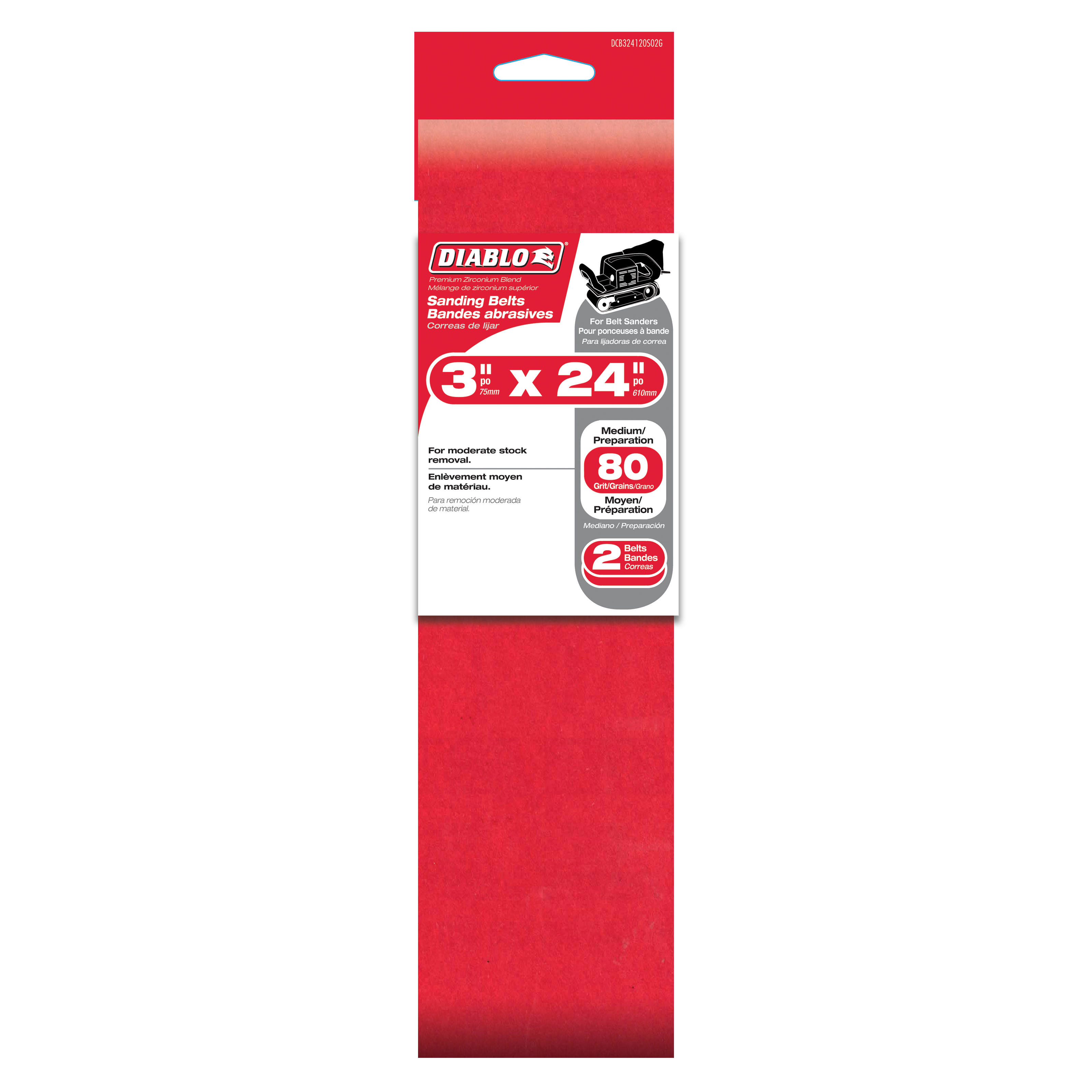 Two red Diablo 3" x 24" sanding belts with 80 grit rating in original packaging.