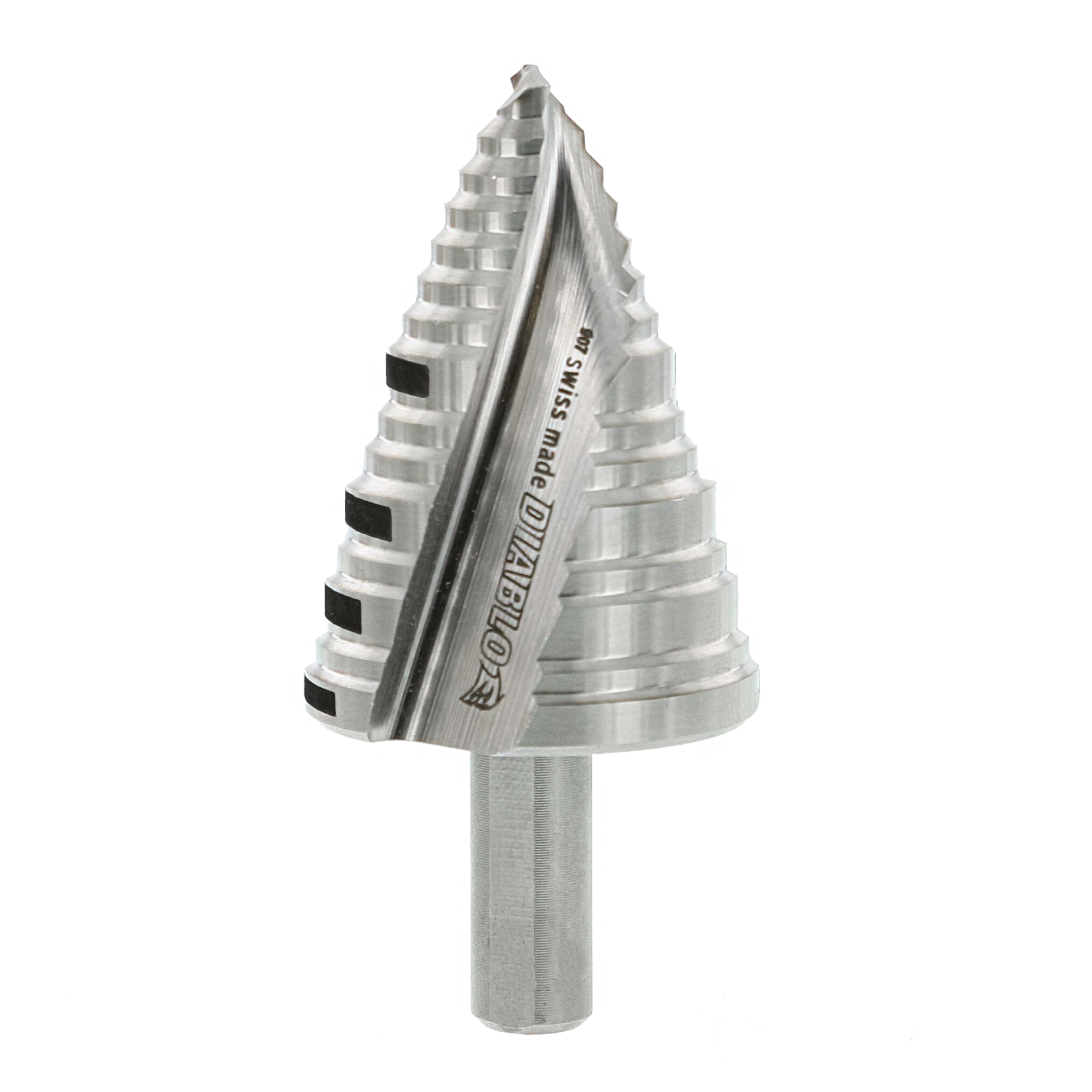 Diablo step drill bit with 15 progressive cutting steps and cylindrical shank, displaying staggered cone-shaped cutting edges