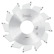 Freud 80mm conical scoring saw blade with silver coating and carbide-tipped teeth for woodworking.