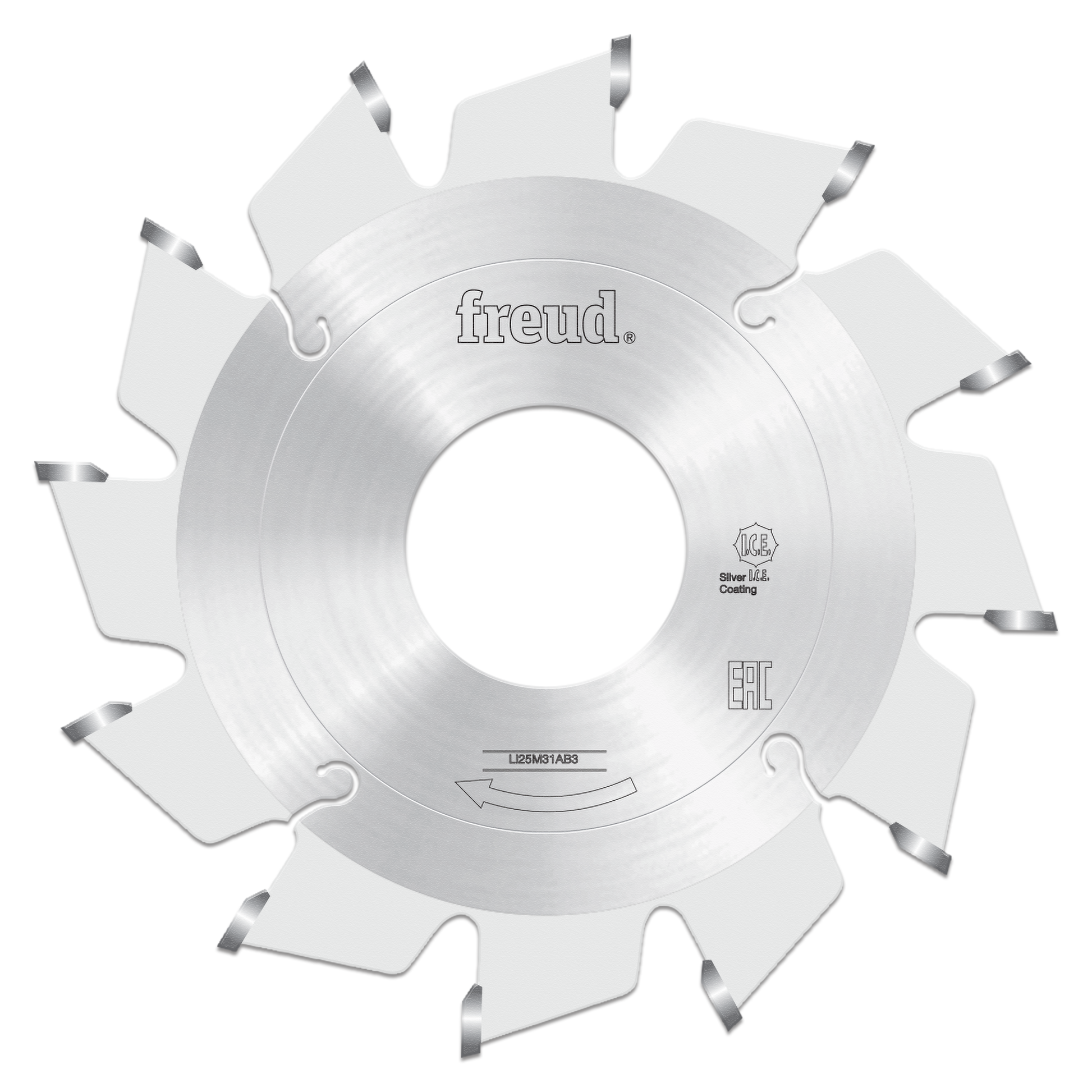 Freud 80mm conical scoring saw blade with silver coating and carbide-tipped teeth for woodworking.