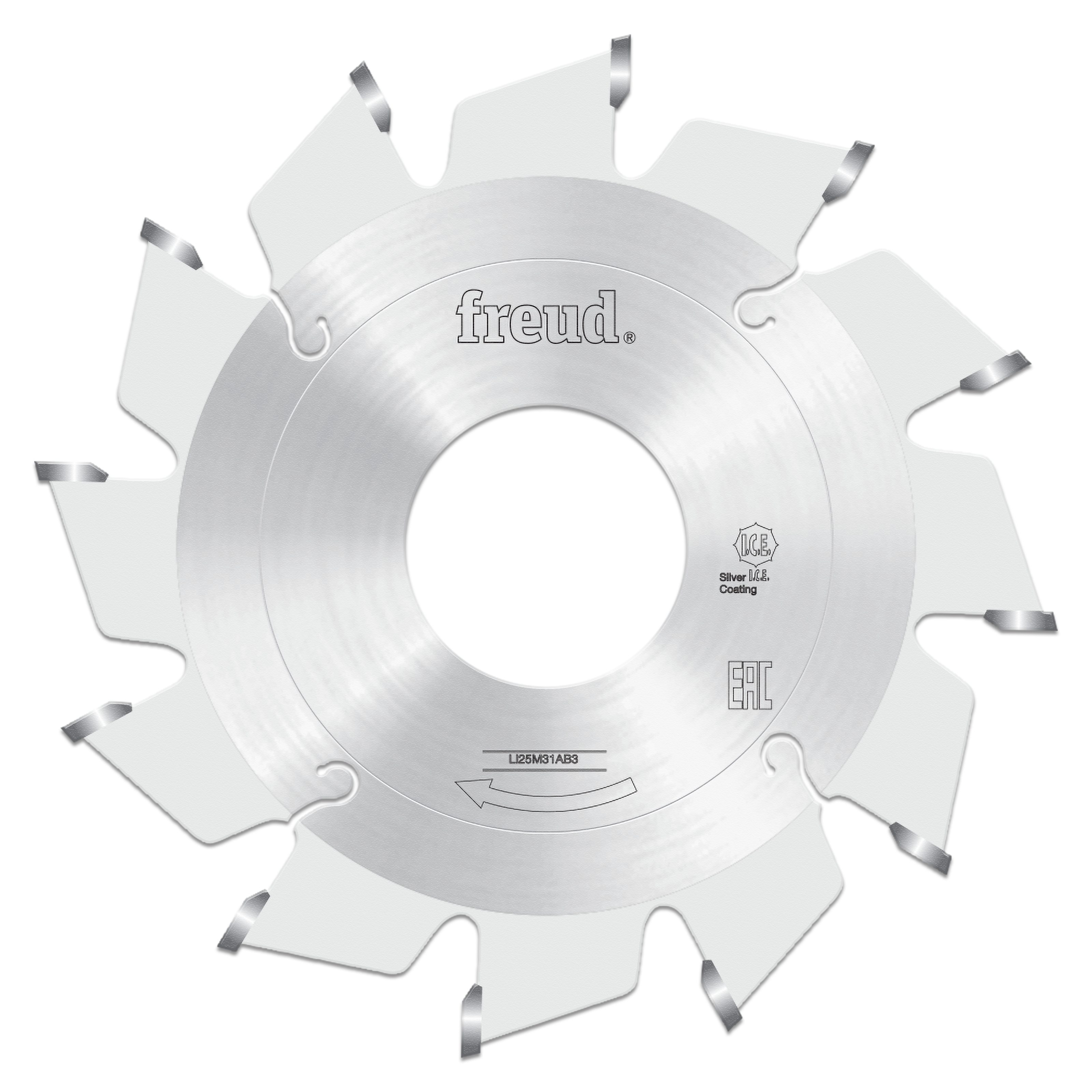 Freud 80mm conical scoring saw blade with silver coating and carbide-tipped teeth for woodworking.