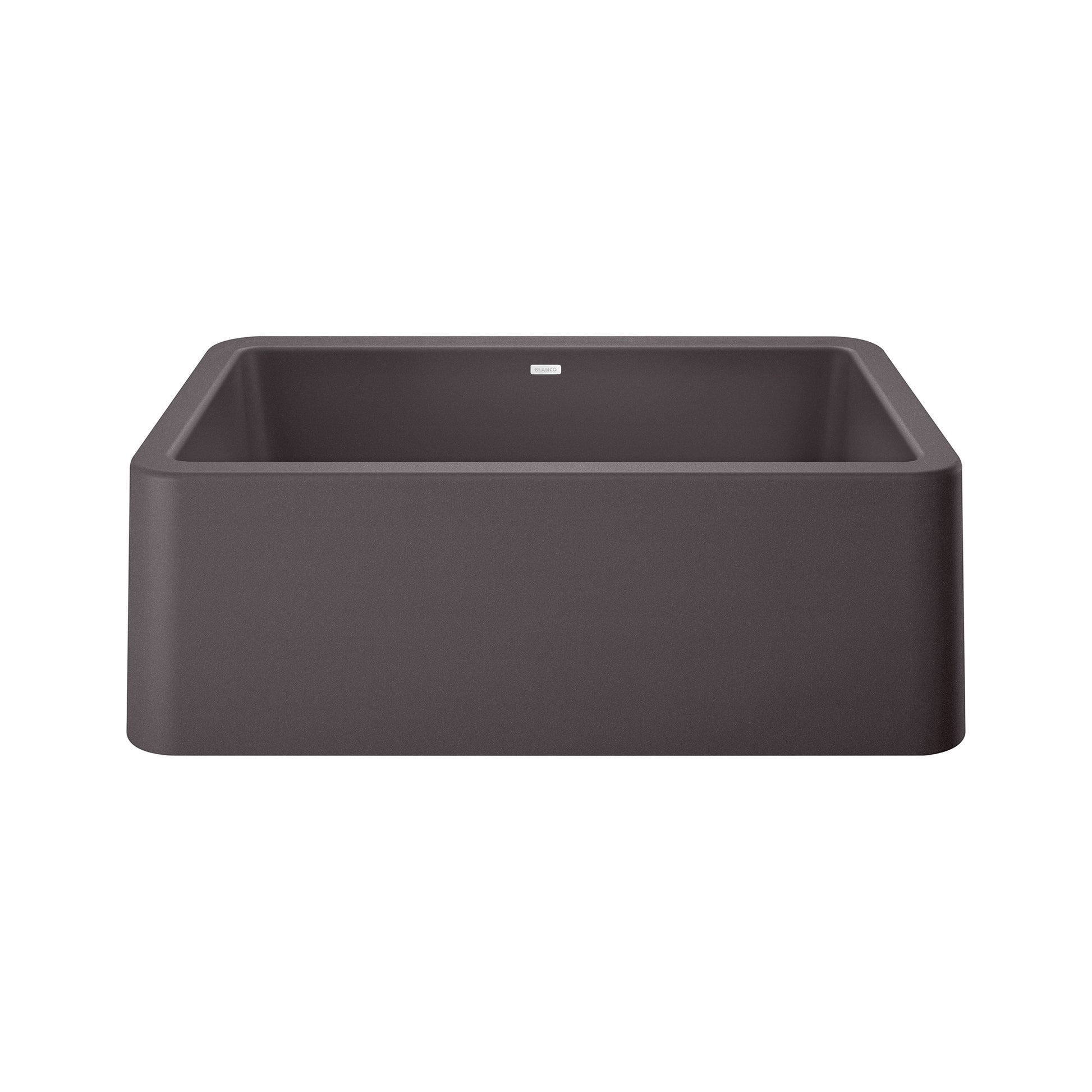 Cinder-colored single bowl farmhouse sink with apron front and rounded corners, viewed from above at an angle.