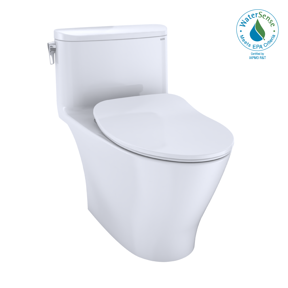 White elongated one-piece toilet with soft-close seat and integrated tank, showing side control panel.