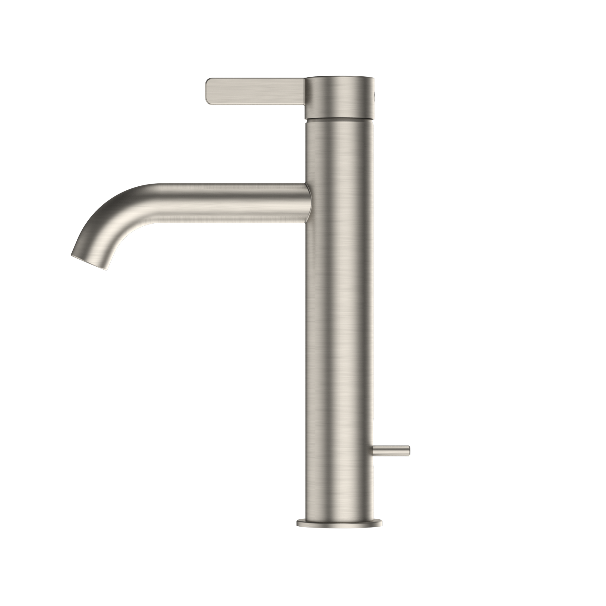 Brushed nickel single-handle bathroom sink faucet with curved spout and lever handle.