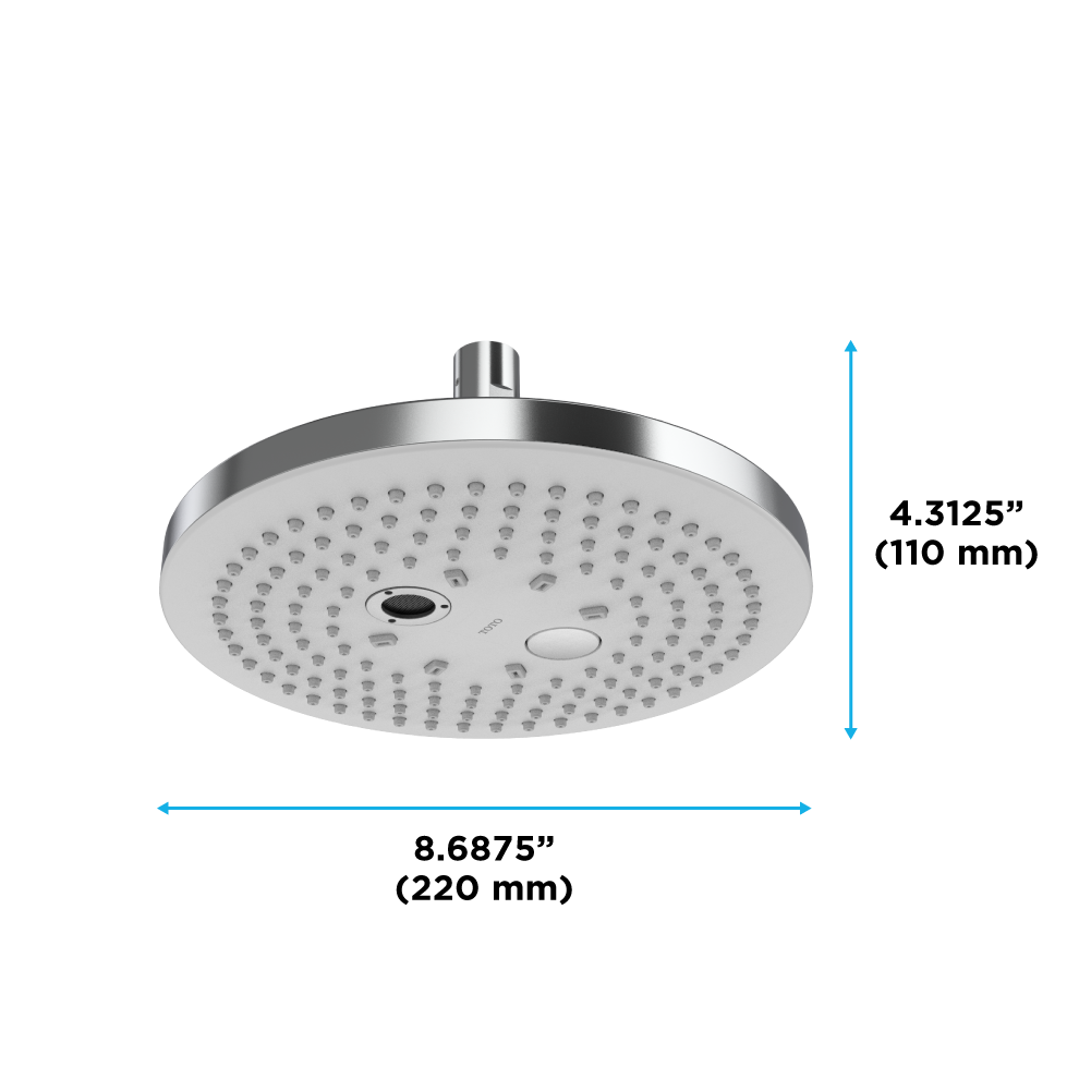 Polished chrome round showerhead with multiple spray jets and two mode selector buttons.