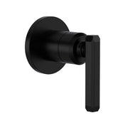 Matte black Apothecary trim with cylindrical knob and round escutcheon for shower volume control and diverter.