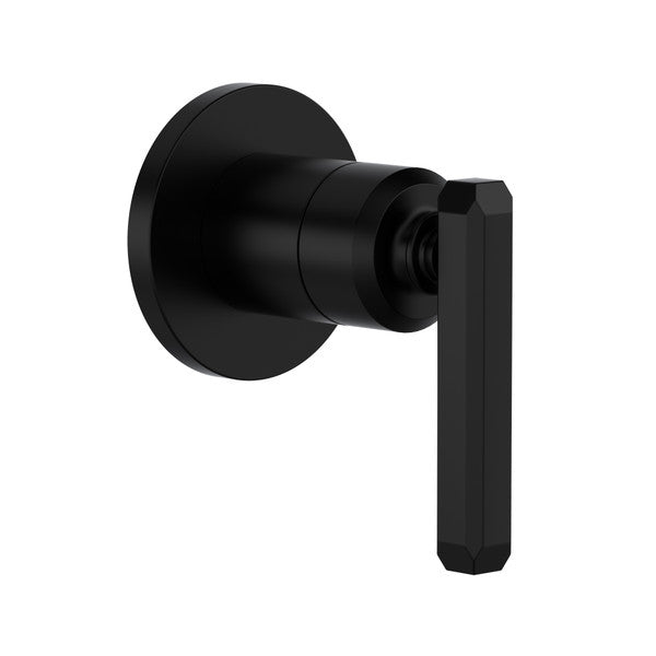Matte black Apothecary trim with cylindrical knob and round escutcheon for shower volume control and diverter.