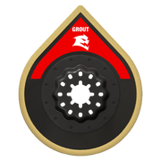 Teardrop-shaped oscillating blade with tan edge, black base, red top section labeled "GROUT," and white star-pattern center a