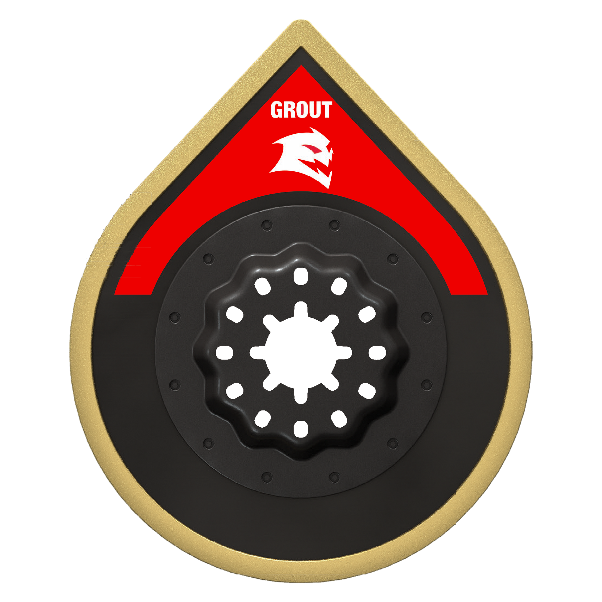 Teardrop-shaped oscillating blade with tan edge, black base, red top section labeled "GROUT," and white star-pattern center a