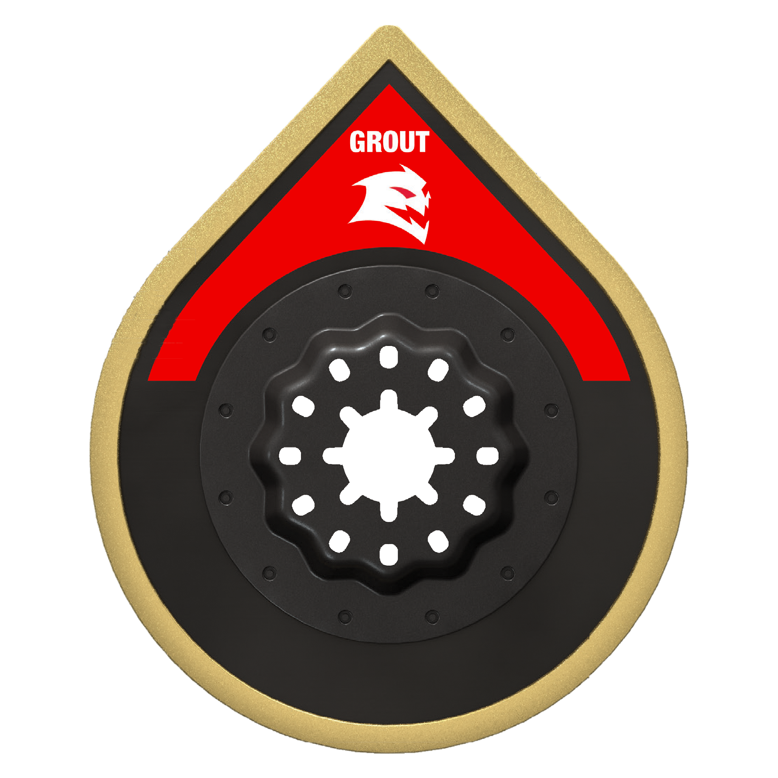 Teardrop-shaped oscillating blade with tan edge, black base, red top section labeled "GROUT," and white star-pattern center a