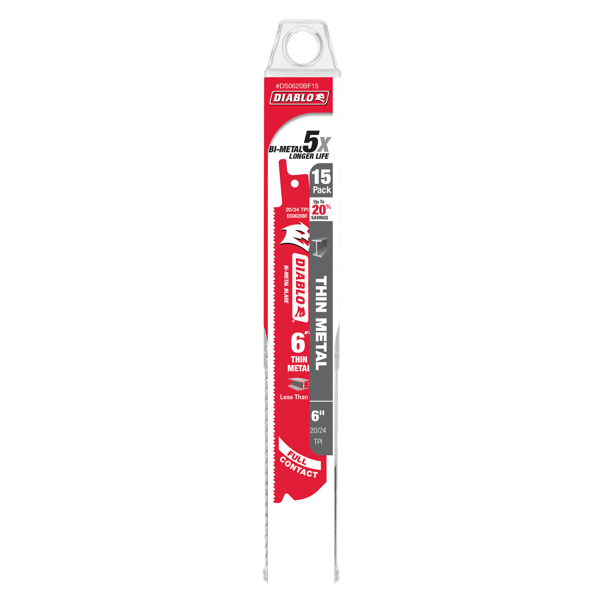 Diablo brand 6-inch bi-metal reciprocating saw blade in red and black packaging marked for thin metal cutting, 15-pack.