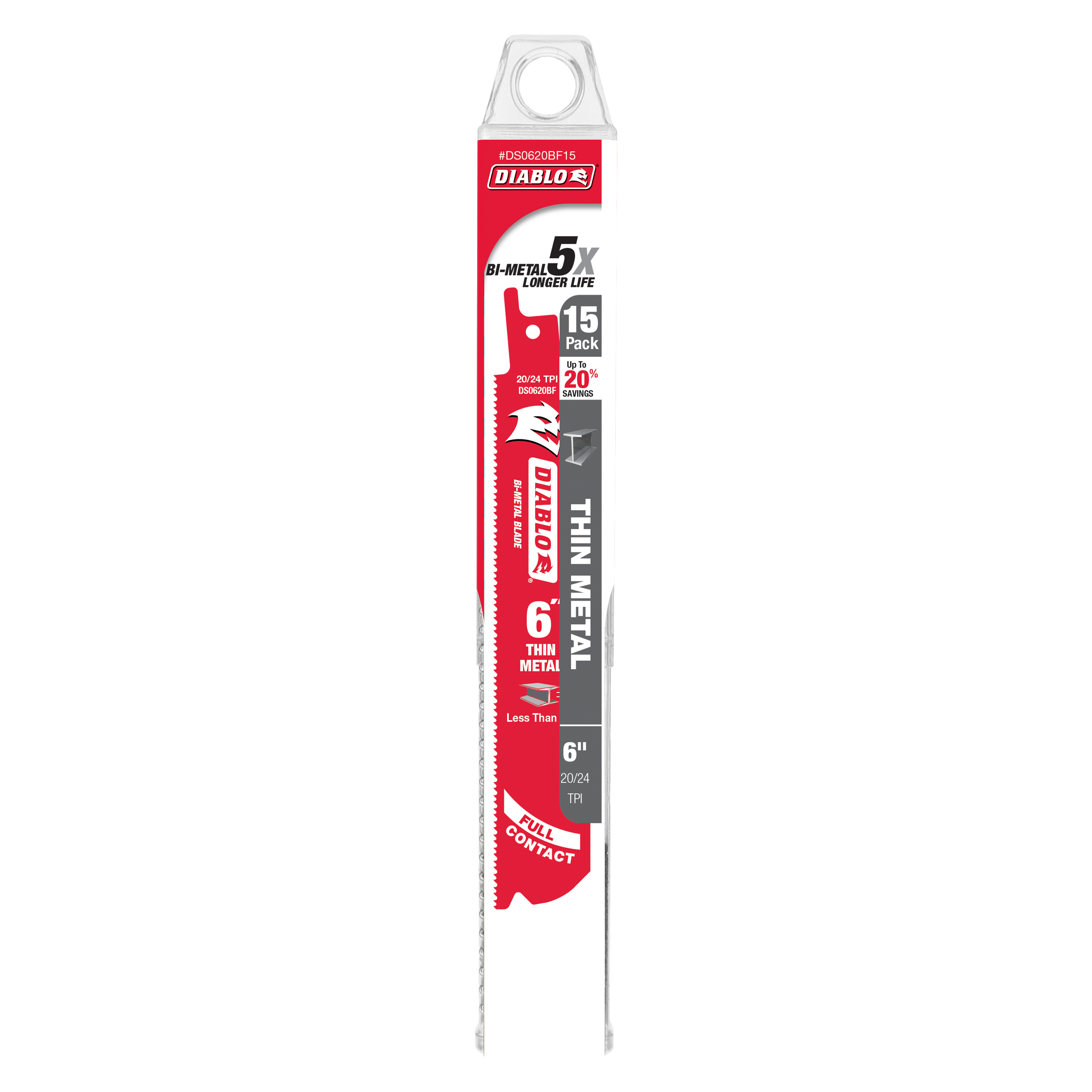 Diablo brand 6-inch bi-metal reciprocating saw blade in red and black packaging marked for thin metal cutting, 15-pack.