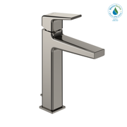 Polished nickel single-handle bathroom sink faucet with tall square base and rectangular spout extending over vessel.