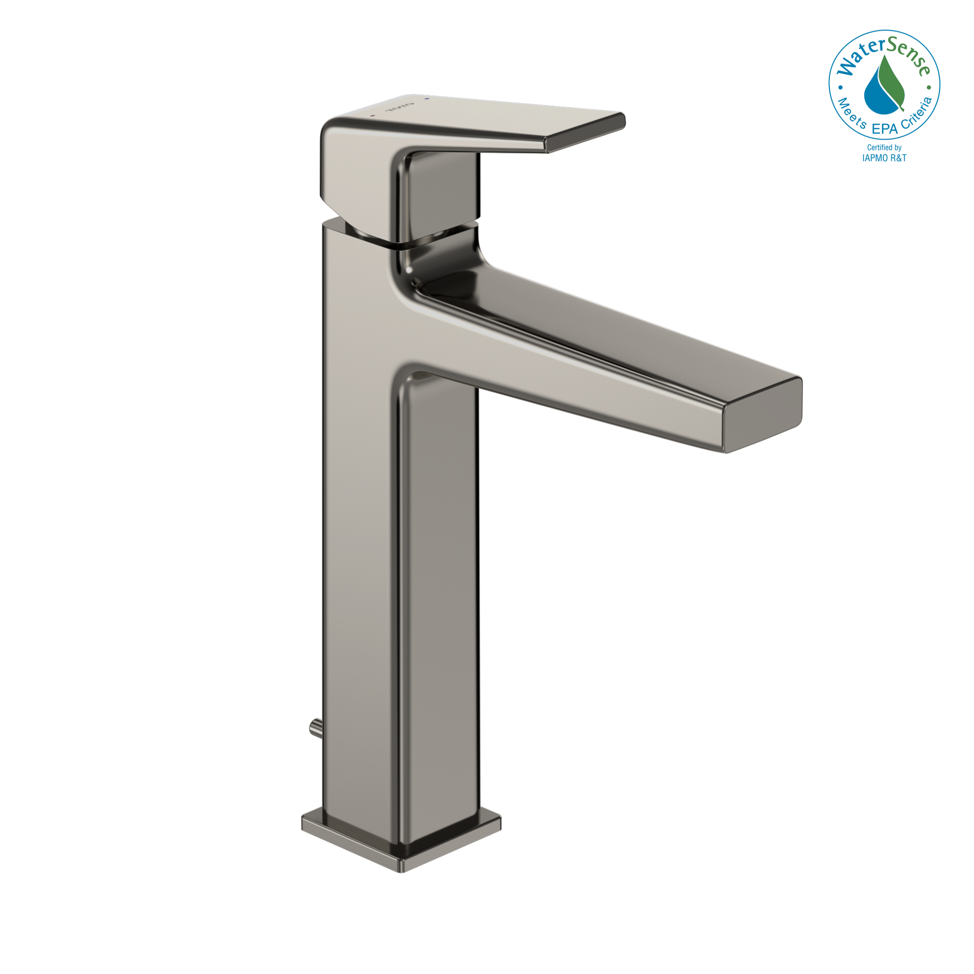 Polished nickel single-handle bathroom sink faucet with tall square base and rectangular spout extending over vessel.