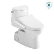 White elongated one-piece toilet with integrated bidet seat and control panel on right side.