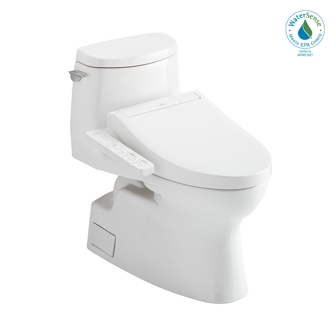 White elongated one-piece toilet with integrated bidet seat and control panel on right side.