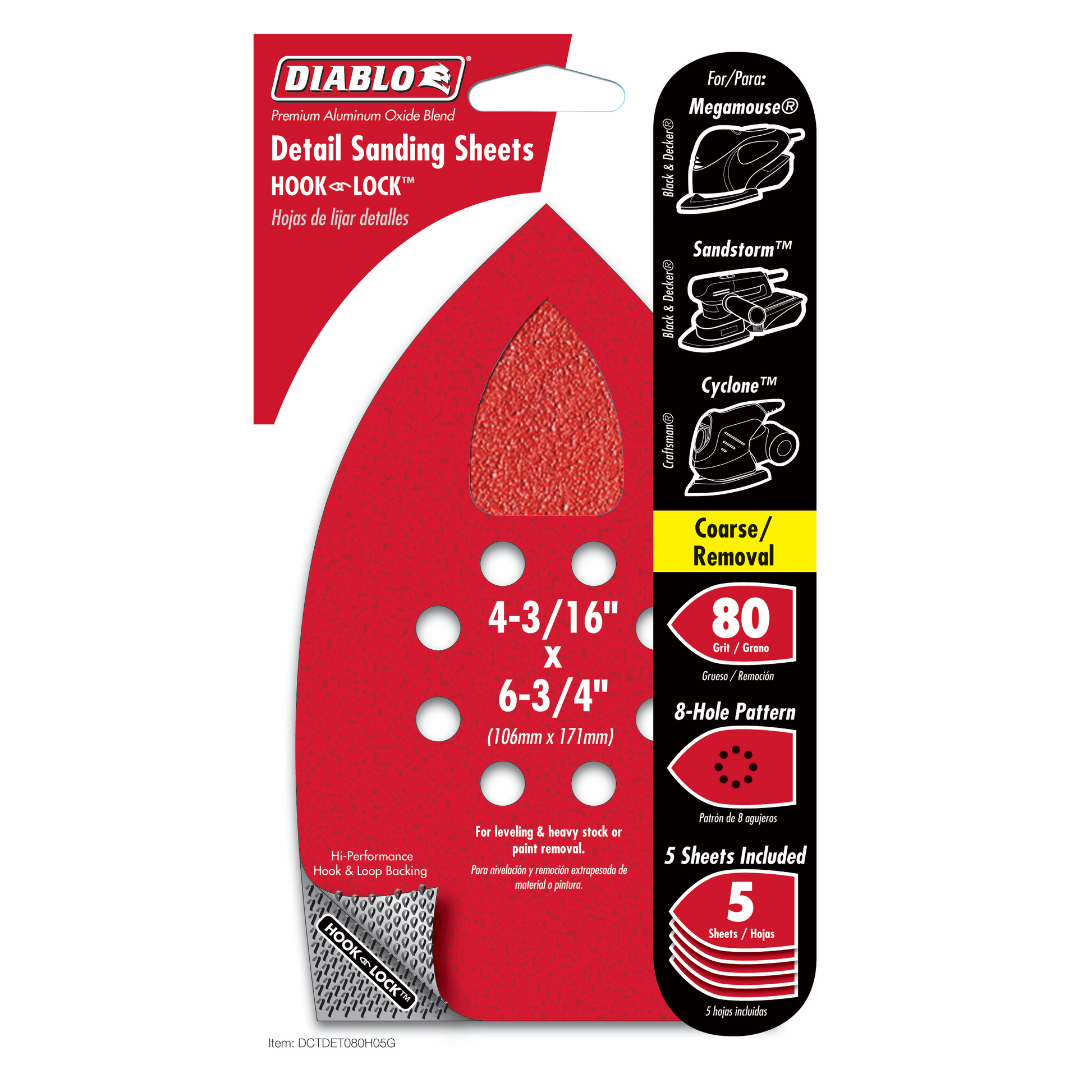 Red teardrop-shaped sanding sheet with 8 mounting holes, 80 grit coarse abrasive surface, 4-3/16" x 6-3/4" size for mouse det