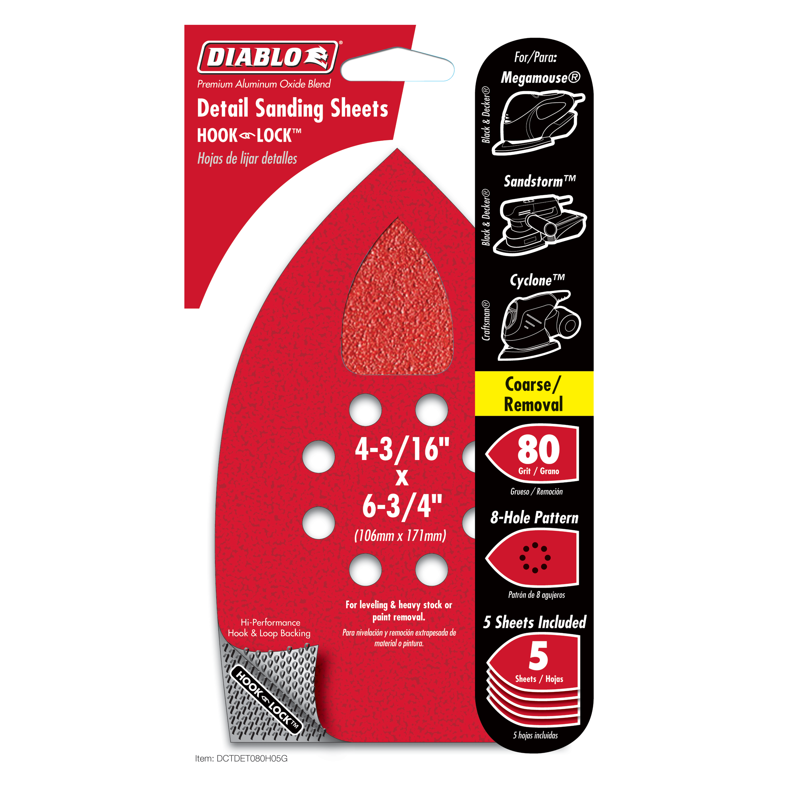 Red teardrop-shaped sanding sheet with 8 mounting holes, 80 grit coarse abrasive surface, 4-3/16" x 6-3/4" size for mouse det