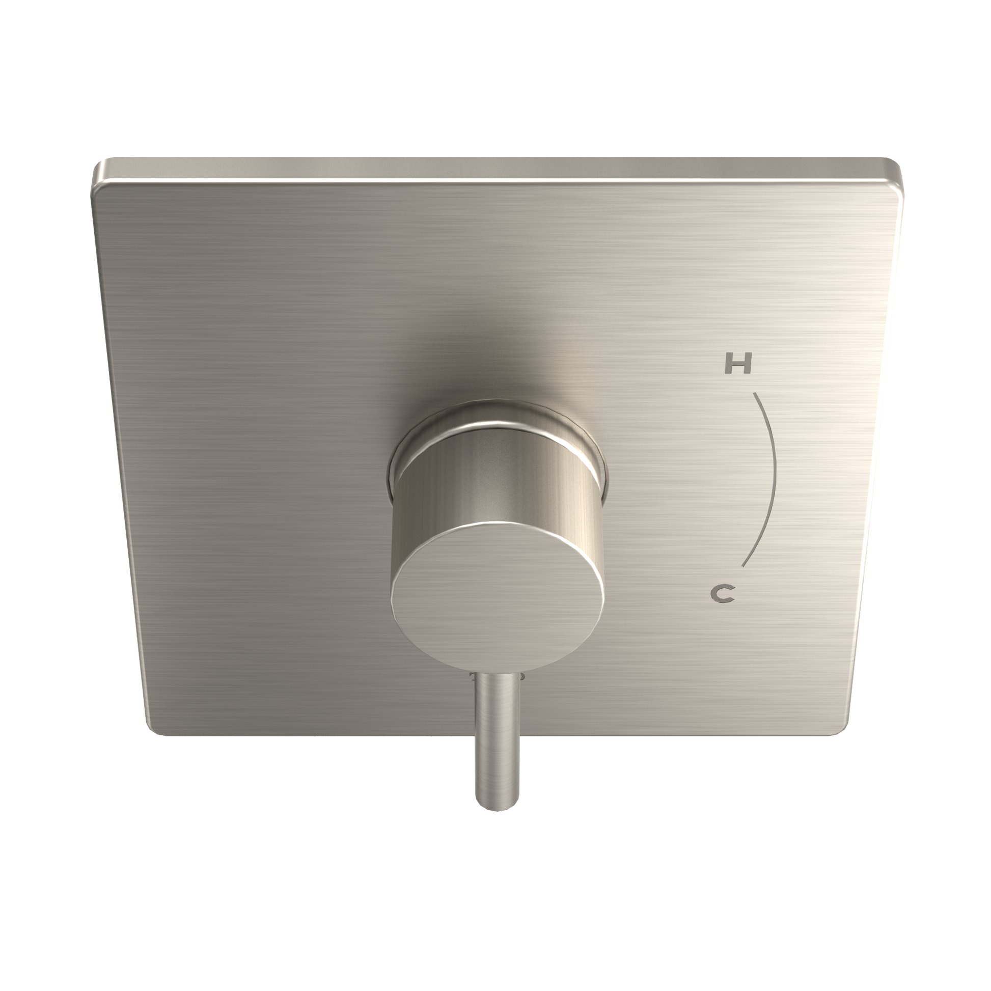 Brushed nickel square shower valve trim with single round handle and H/C temperature markings.