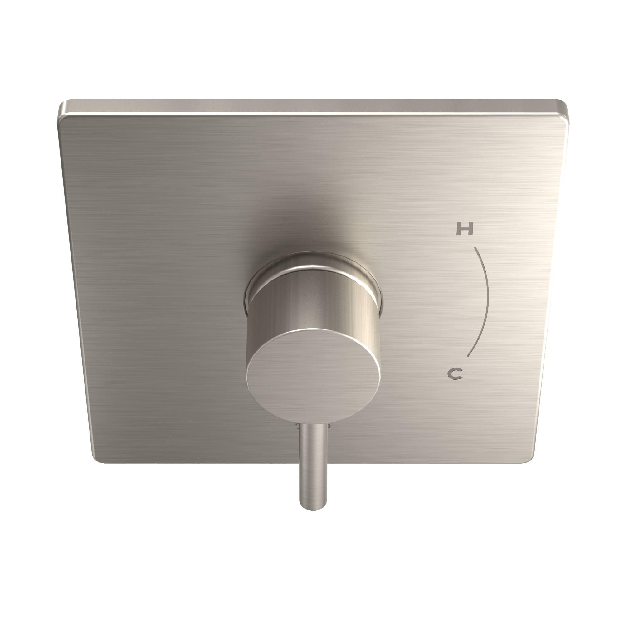 Brushed nickel square shower valve trim with single round handle and H/C temperature markings.