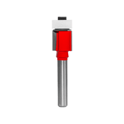 Flush trim router bit with red body, bearing guide, and metal shank on white background.
