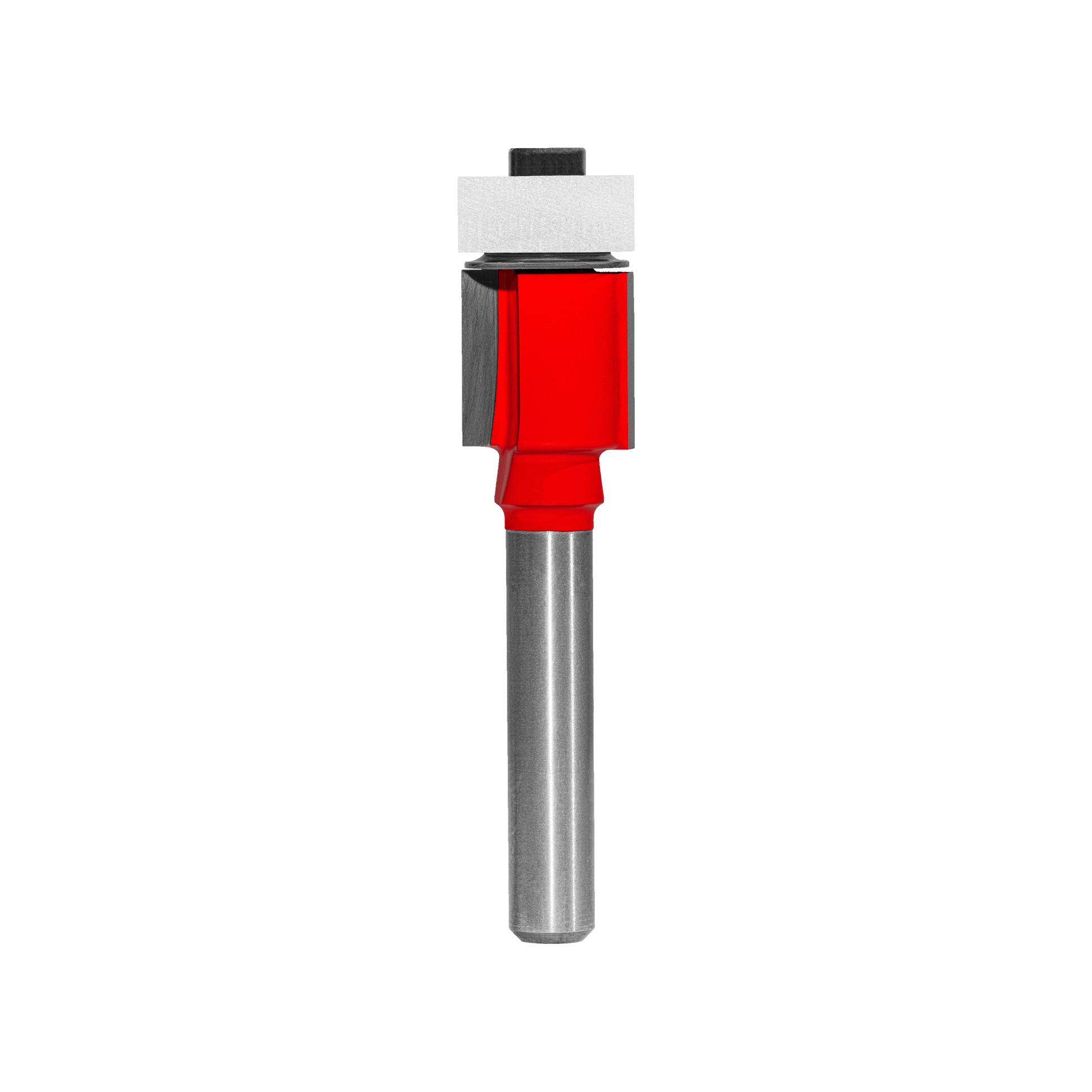 Flush trim router bit with red body, bearing guide, and metal shank on white background.